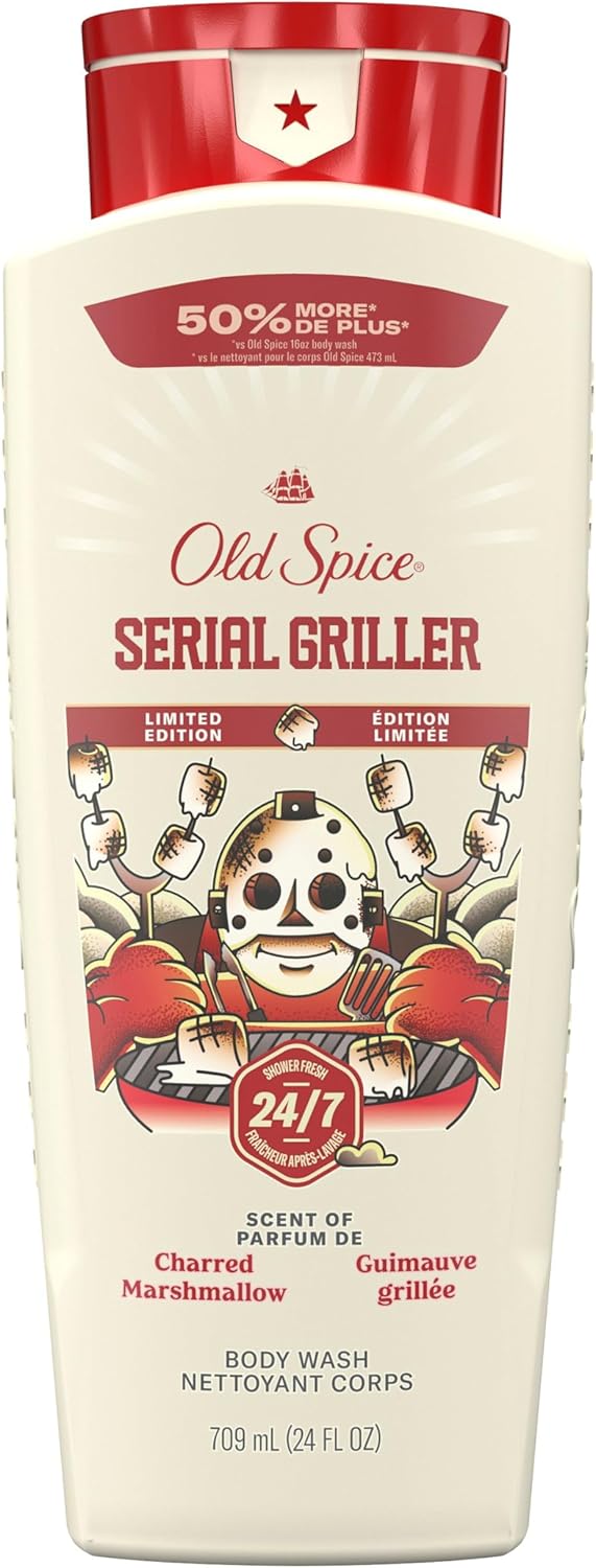 Old Spice Men's Body Wash, Serial Griller, Long Lasting, Cleanse & Refresh, Scent of Charred Marshmallow, 709 mL