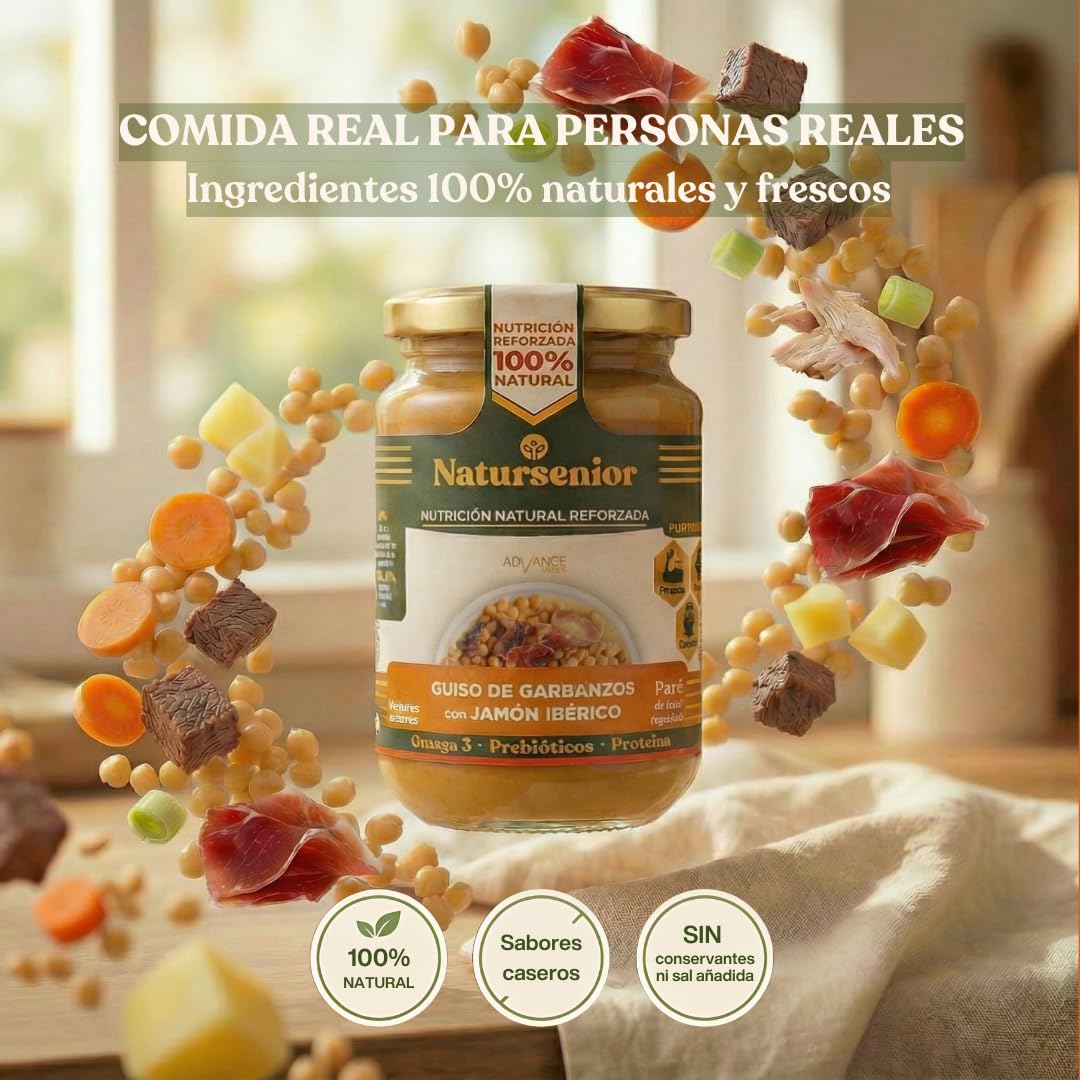 Natursenior - Comida Triturada para Personas Mayores - Pack Puré Guiso de Garbanzos con Jamón Ibérico - 100% Natural, Omega 3, Fibra, Proteína - 6 uds x 340g