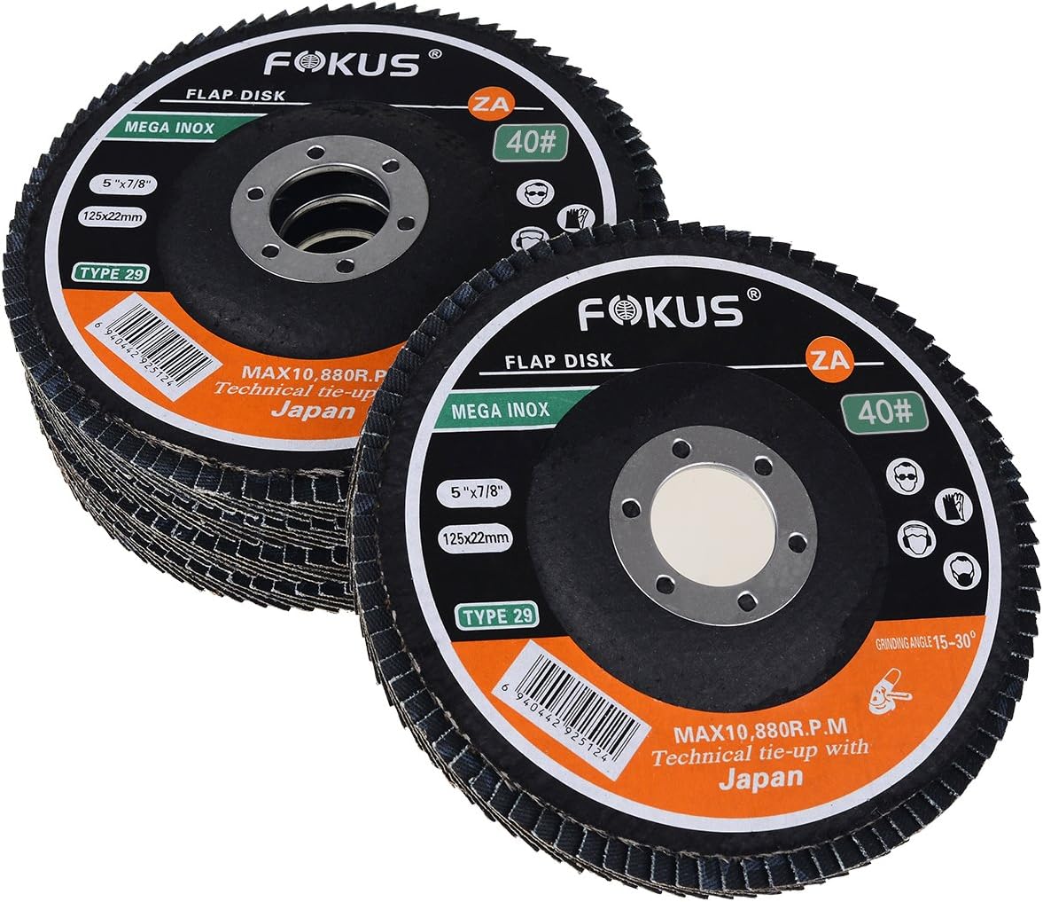 Fokus 10 PACK 5''x 7/8'' Premium Zirconia Flap Disc Grinding Wheel Type 29 Angel Grinder (Grit 80#)