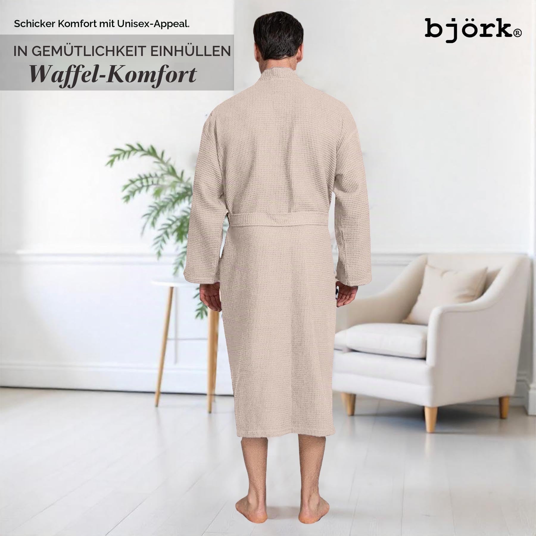 Björk Waffel-Bademantel für Damen und Herren – 100% Baumwoll-Frottee, leicht und saugstark mit Schalkragen und Bademantelgürtel – perfekt für Spa, Zuhause und Hotel