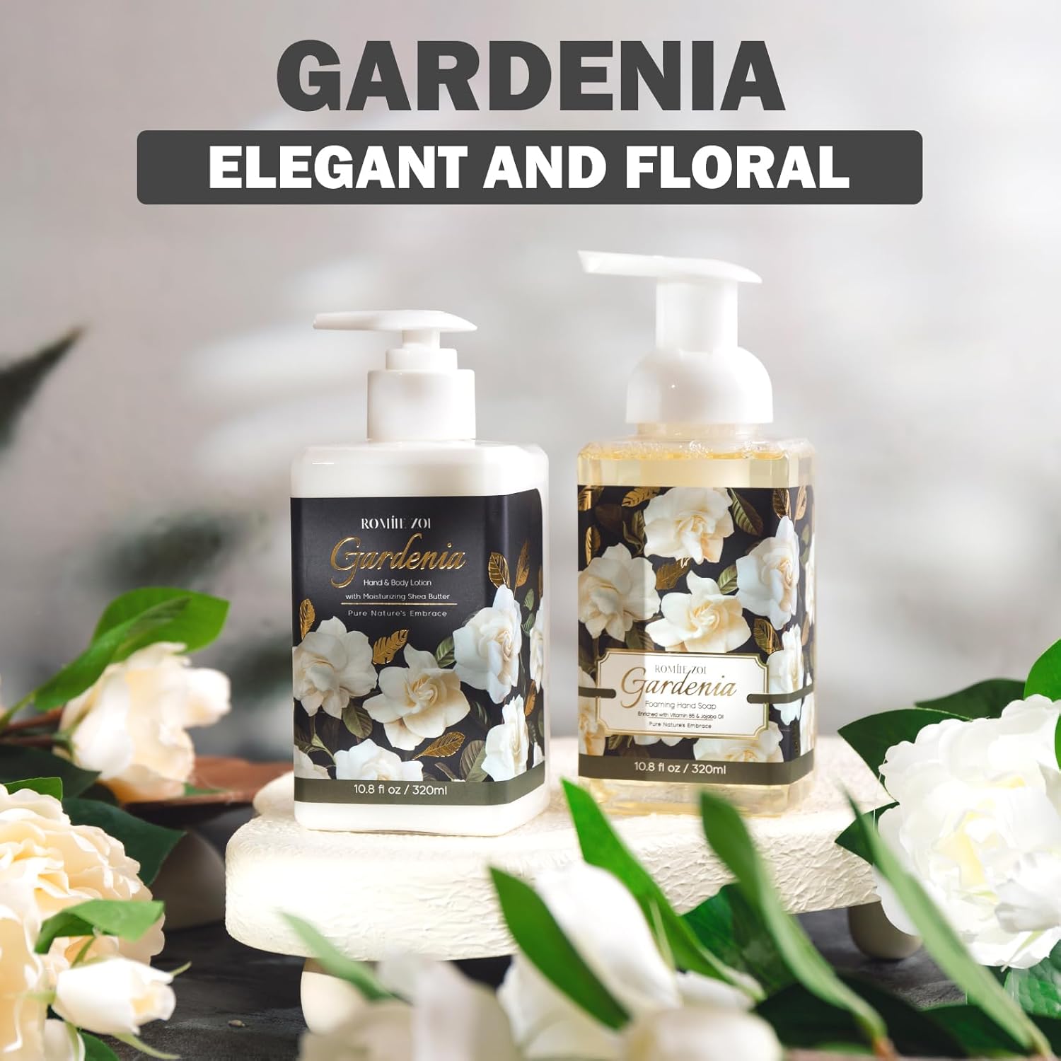 ROMIIE ZOI Gardenia Scent Foaming Hand Soap and Lotion - 320ml / 10.8 Fl Oz Each - Floral and Creamy Hand Care - Part of Luxury Bath & Body Gift Set