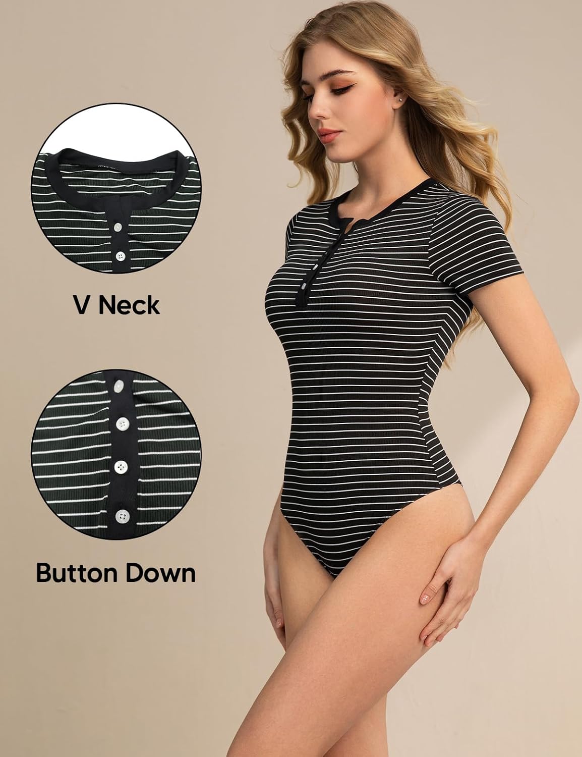 Short Sleeve Bodysuit Tops Stripe V Neck Button Up Casual Sping Summer Basic T Shirt Going Out Tees Body Suits - Image 4