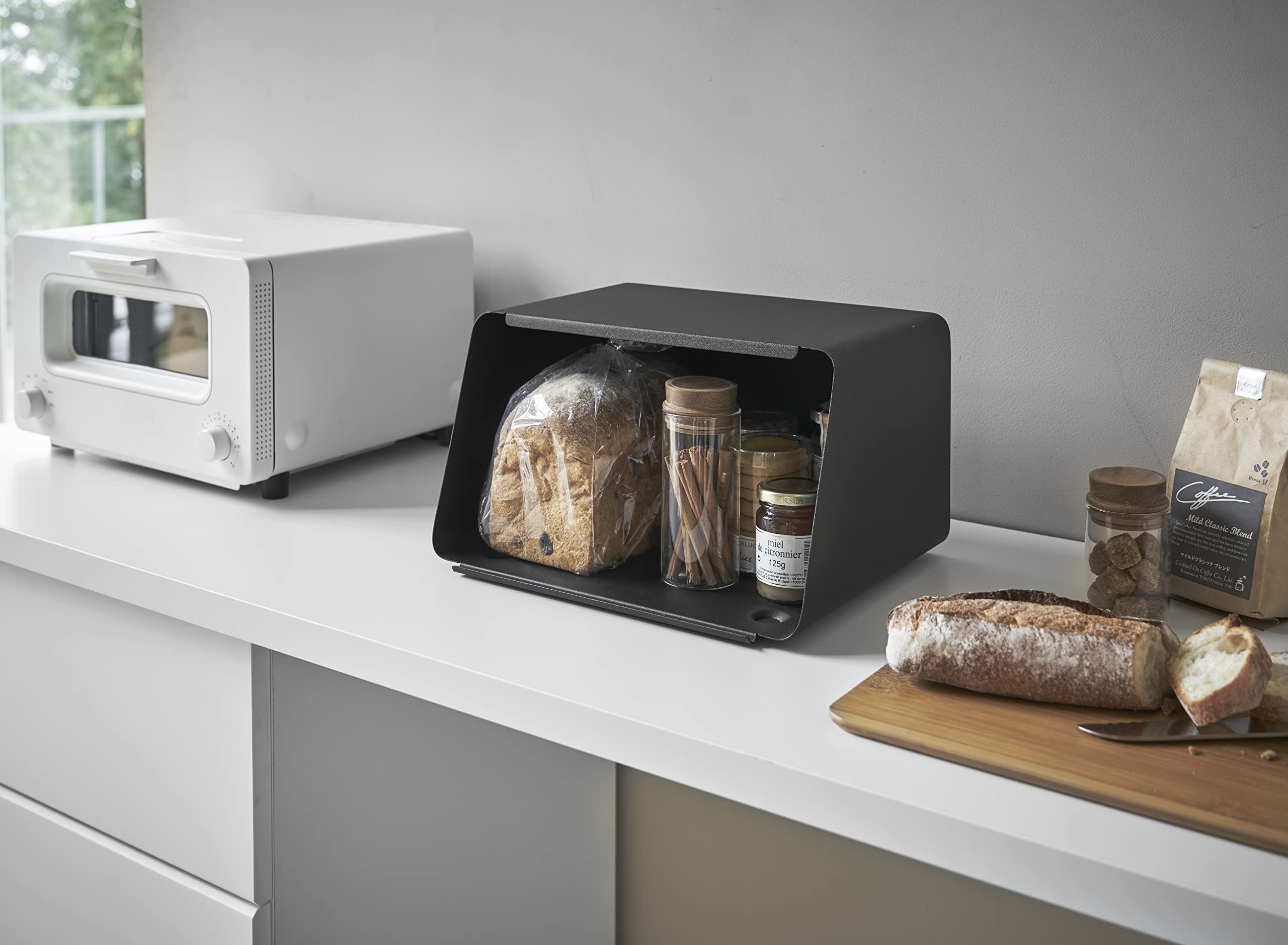 YAMAZAKI 5291 TOWER Bread Case with Removable Lid, black, Steel/Bamboo, 31.5 x 24.5 x 18.5 cm
