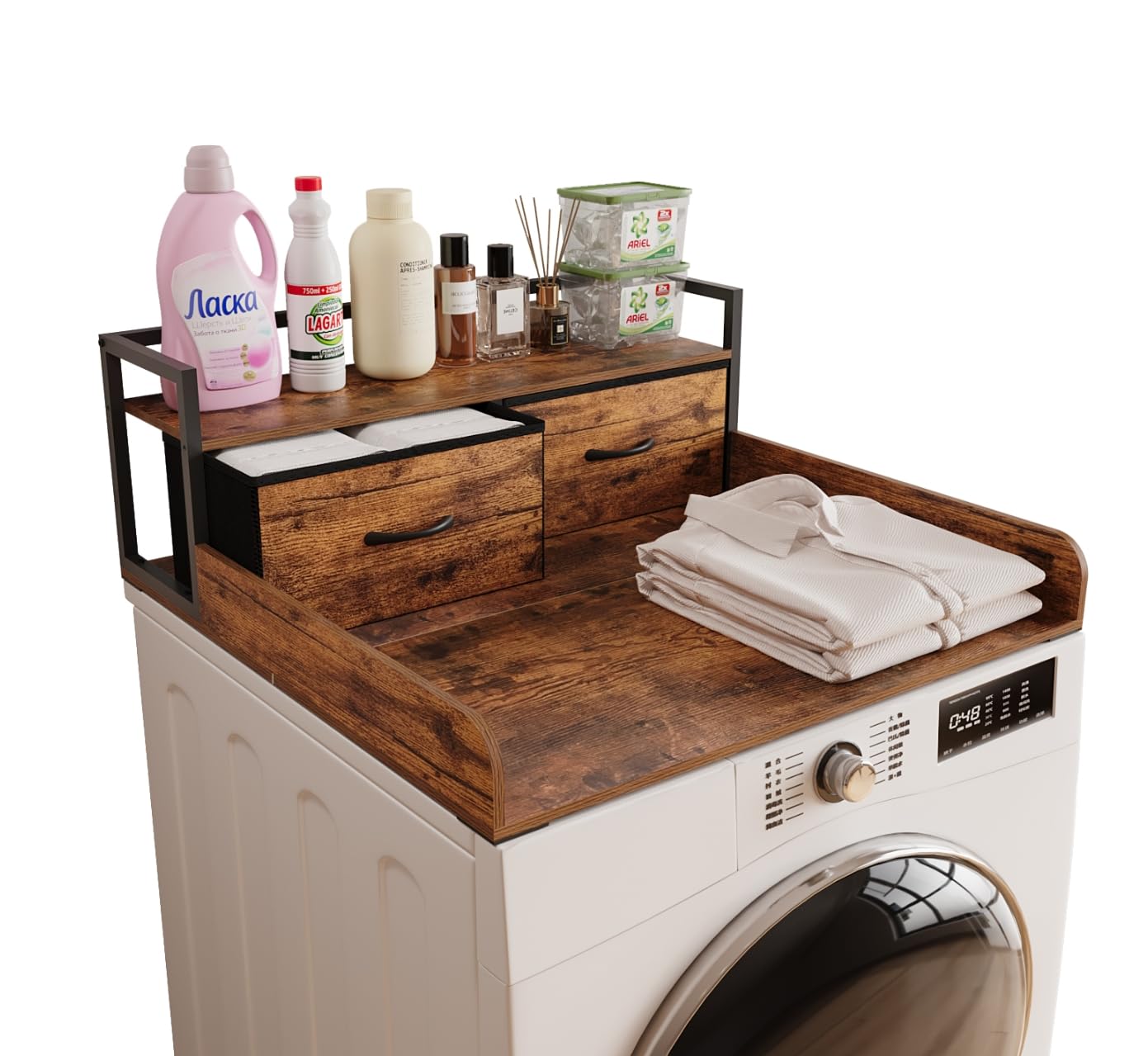 Unionly 2-Tier Washer Dryer Countertop single with shelf and fabirc drawer,laundry topper with Edge and Non-Slip Pad for Washer Dryer Laundry Hamper Counter Storage Organization (rustic brown, single)