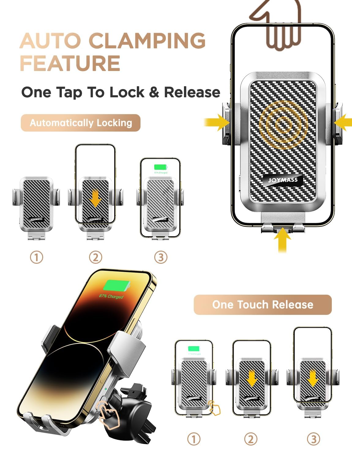 JOYMASS Cargador inalámbrico de coche, soportes de teléfono para tu coche, 15 W, soporte de teléfono de sujeción automática, accesorios de coche para iPhone 16, 15, 14, 13, 12 Mini Pro Max, Samsung