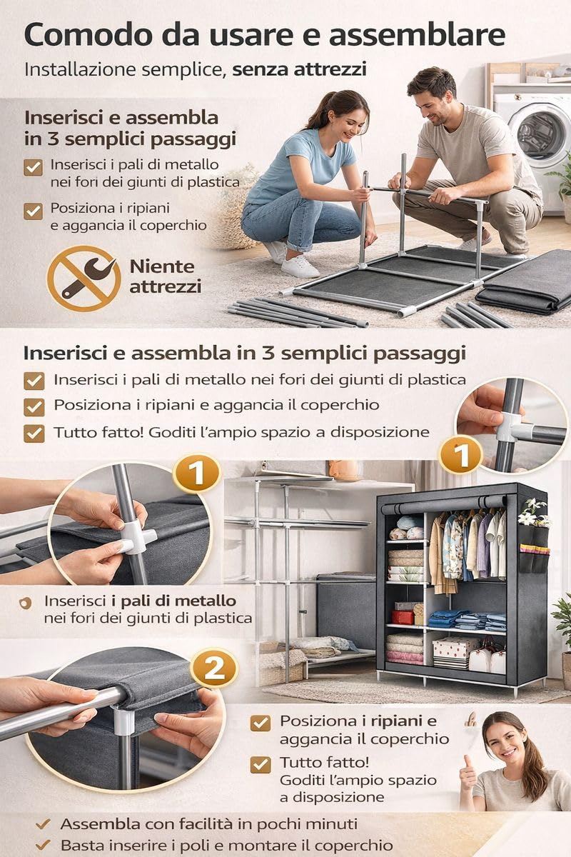 Armadio Guardaroba in Tessuto 105x45x170 cm – Struttura Rinforzata in Acciaio, Antipolvere e Impermeabile, Armadio Portatile con Ripiani e Asta Appendiabiti, Facile da Montare (Grigio)