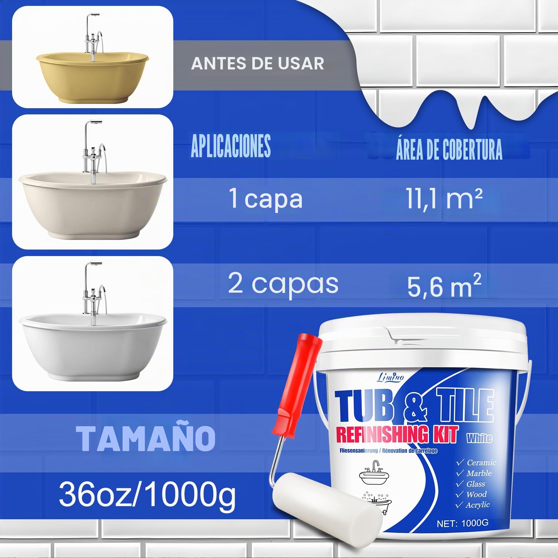 Kit de Restauración de Bañera y Azulejos - Pintura para Azulejos Blanca Semi-Brillante con Herramientas para Bañera, Lavabo, Encimera para Baño y Cocina, Cerámica, Porcelana, Fibra de Vidrio (1000g)