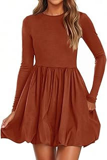 Fall Dresses for Women 2025 Casual Long Sleeve Bubble Cute Crew Neck A Line Mini Short Dress with Pockets