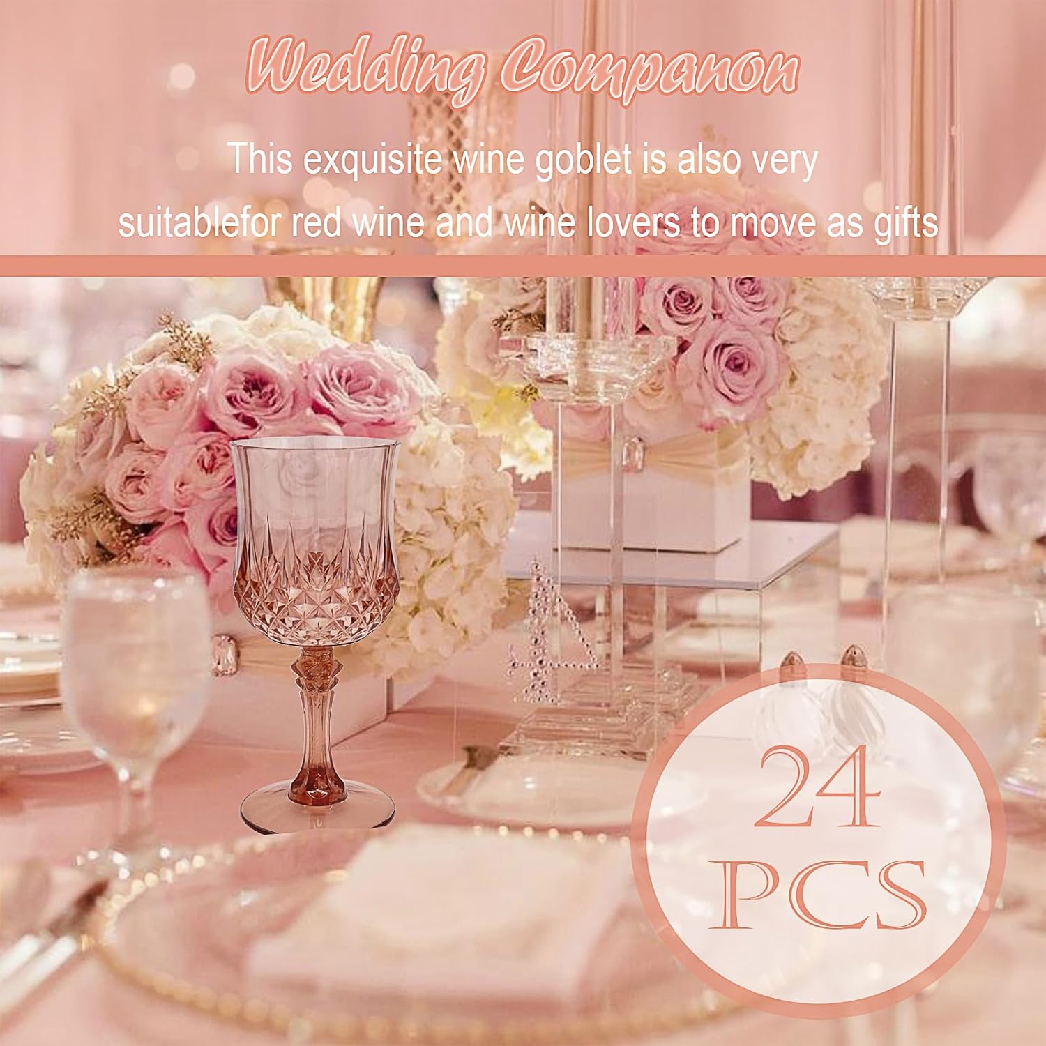 24 PCS Rose Gold Plastic Wine Glasses,Reusable Plastic Wine Glasses,Rose Gold Goblet Glass,Durable and Sturdy Cups Can Be Used for Various Parties Such as Weddings! - Image 6