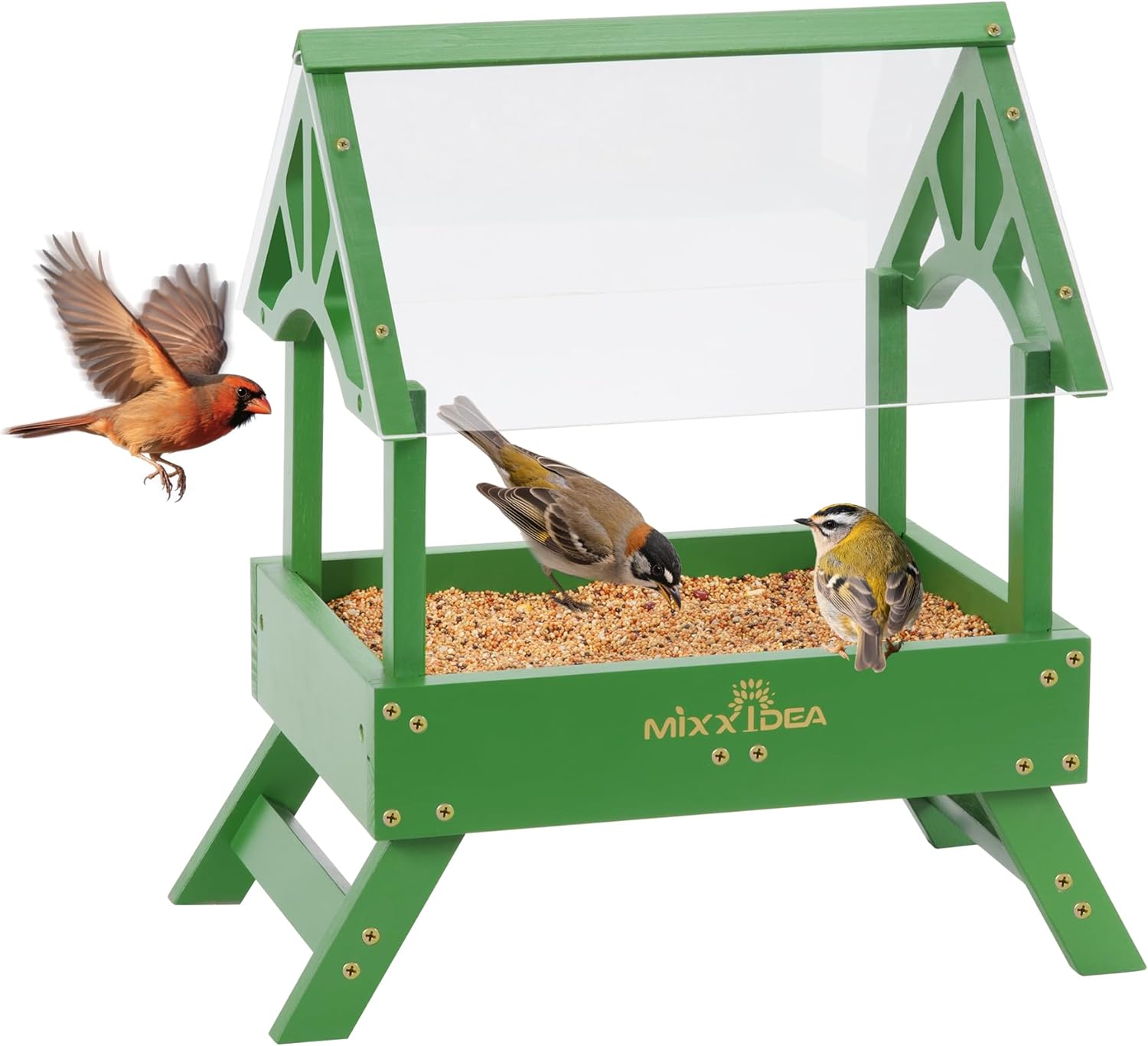 MIXXIDEA Ground Bird Feeder for Outdoors - Bird Feeder with shelter for Bird &Squirrel Wooden Chicken Picnic Table Platform Feeder Wild Bird Feed Crow Feeder for Outside with 5 LBS Capacity