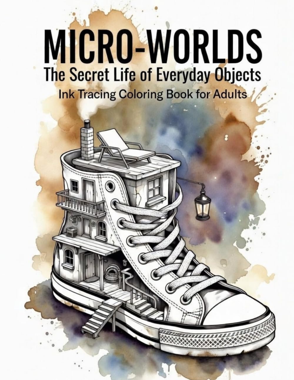 MICRO-WORLDS: Ink Tracing Coloring Book for Adults: The Secret Life of Everyday Objects: Reverse coloring with a vibrant watercolor background—trace ... with a single black pen to relieve stress.