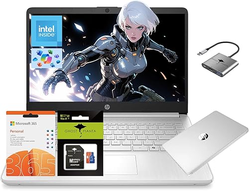 HP 14 Laptop, Quad-Core (Beat i3) 16 GB de RAM 256 GB de almacenamiento (128 GB UFS + tarjeta SD de 128 GB) 1 año Office 365 Copilot AI Computadora
