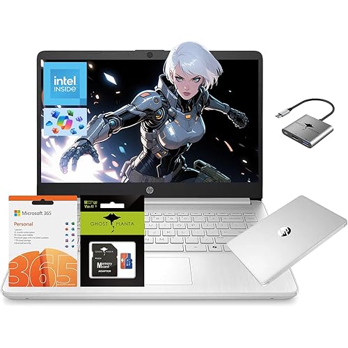 HP 14 Laptop, Quad-Core (Beat i3) 4GB RAM 256GB Storage(128GB UFS + 128GB SD Card) 1-Year Office 365 Copilot AI Computer for Student Study Back to School Win11 w/GM Accessory