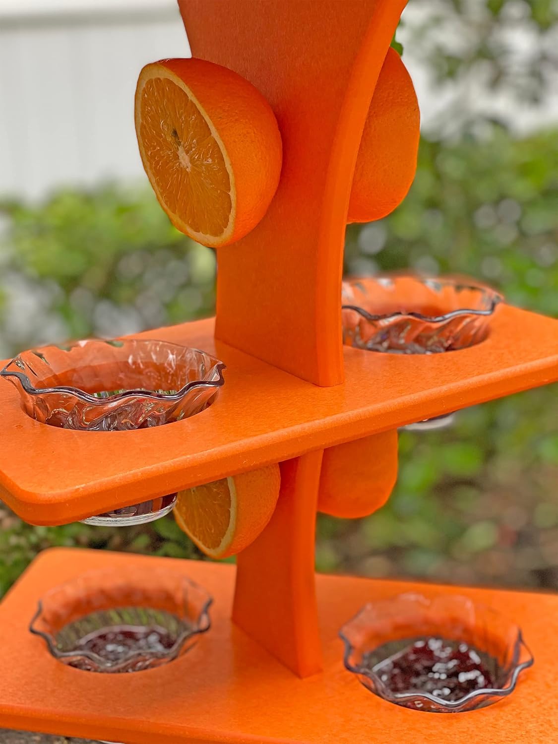 DutchCrafters Plastic Poly Double Platform Hanging Oriole Bird Feeder with Fruit Slice Holders & Nectar Cups, Jelly Bird Feeders for Outside - Amish Made in USA (Double, Bright Orange)