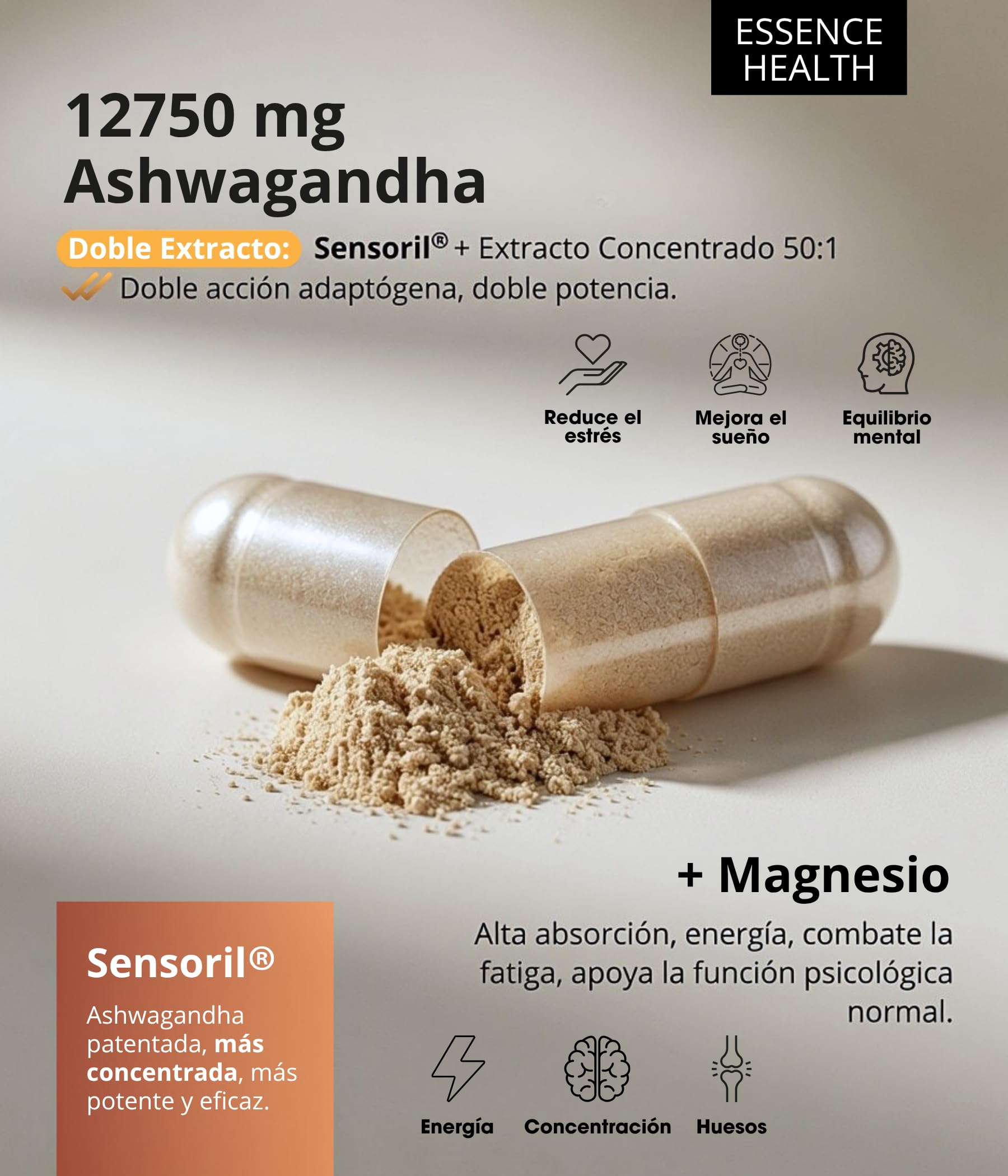 Ashwagandha Sensoril® Alta Potencia 50:1 – Extracto de Ashwagandha Adaptógena para Estrés, Ansiedad y Energía – con Magnesio para Equilibrio Mental – 120 Cápsulas Veganas