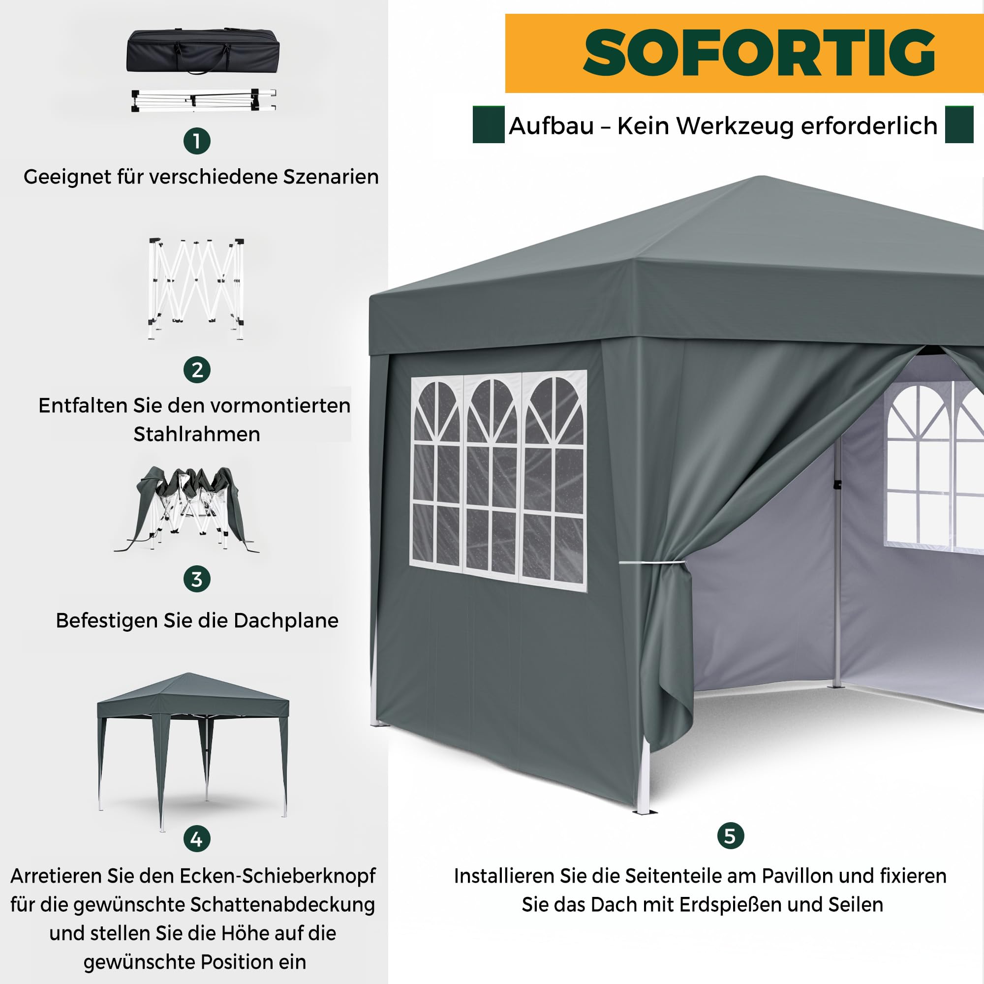 Pavillon 3x3m, Pop-Up Faltpavillon Wasserdicht, Gartenzelt UV Schutz 50+, Partyzelt wasserdicht stabil mit Tragetasche, Höhenverstellbar Faltbar Gartenzelt mit 4 Seitenwänden, für Garten, Party (3*3M)