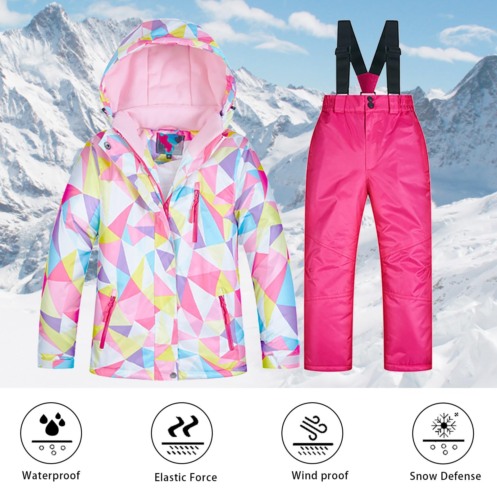 Nuevo 2025 Traje de esquí infantil con capucha y pantalones de esquí 2 piezas conjunto de ropa invierno a prueba de viento traje de nieve con impresión protección de lana chaqueta de esquí espesa