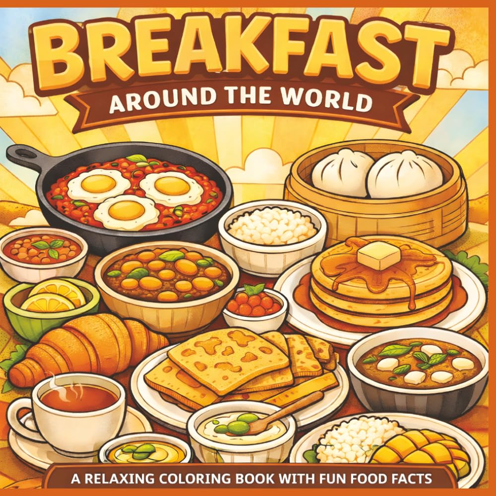 Breakfast around the world: A relaxing coloring book with fun food facts| Bold Designs|Easy to color|Stress Relief and Relaxation