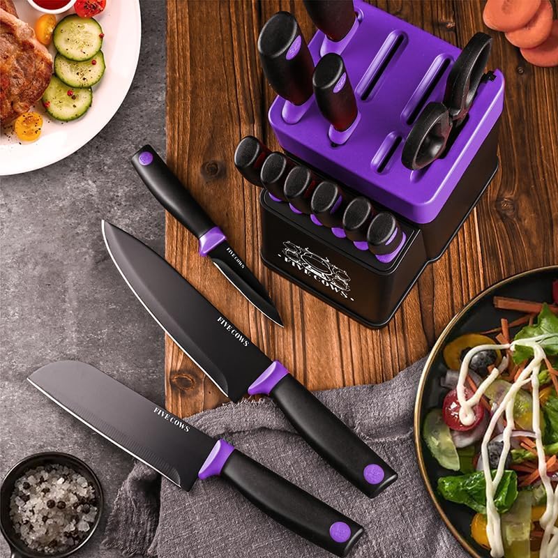 Miniatura 9 de Juego de 14 cuchillos de cocina con afilador alemán de acero inoxidable de alto carbono, afilado y duradero, mango antideslizante ligero, juego