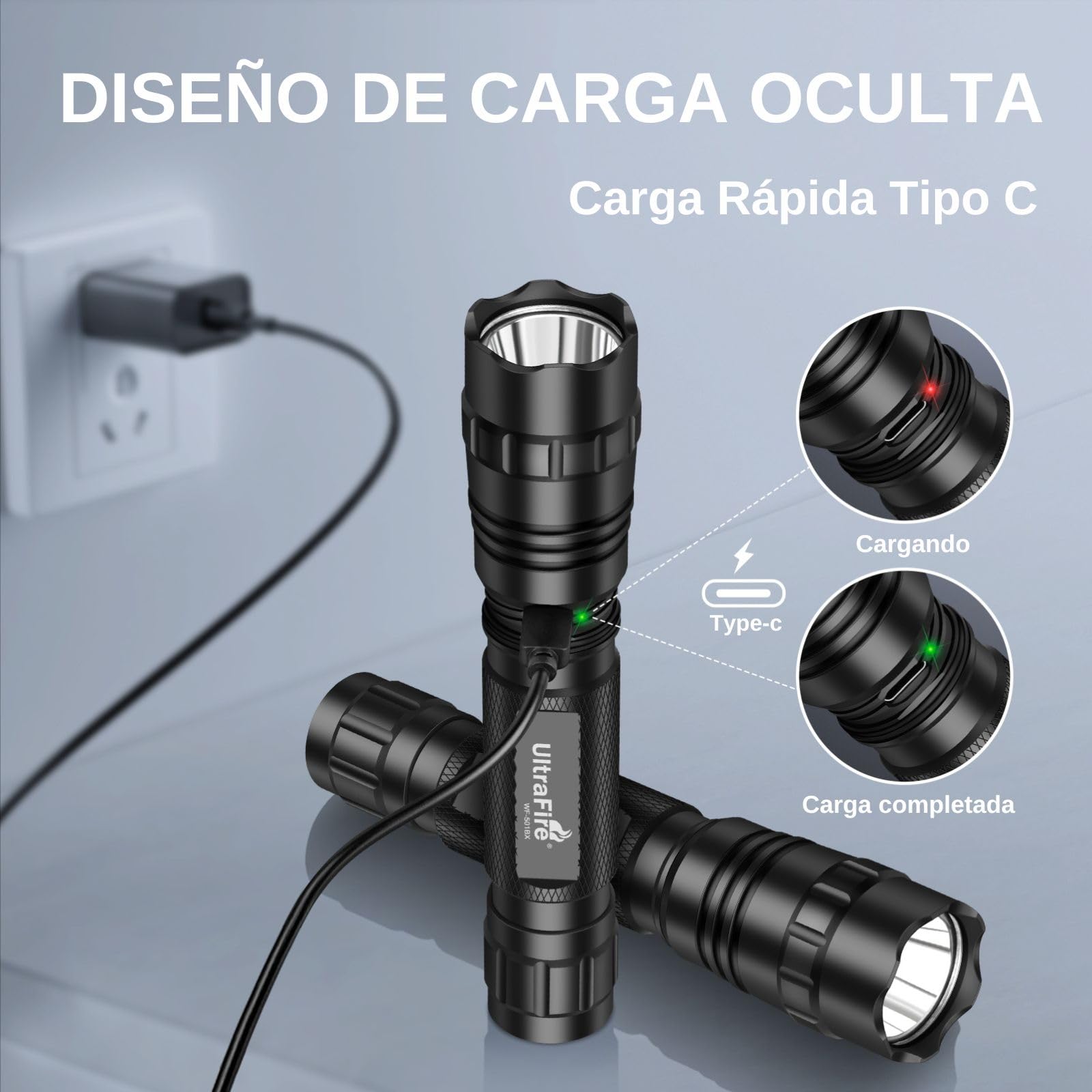 Ultrafire linterna táctica recargable con estuche, 1000 lúmenes lámpara de policía con estuche cinturón, 3 modos linterna LED para la seguridad, las fuerzas de la orden, patrulla, camping, WF-501BX