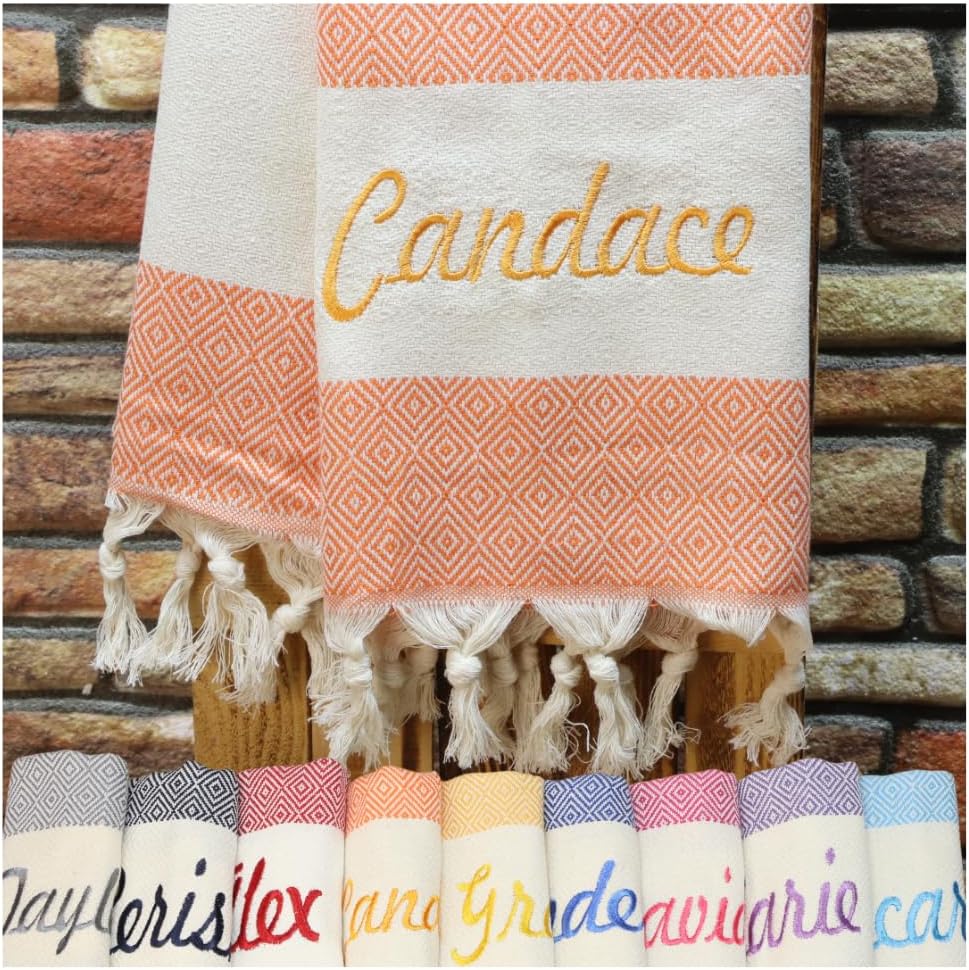 Personalized Turkish Towels with Embroidered Name, Bulk Bachelorette Party Favors for Bridesmaids, Custom Soft Cotton Beach Towel, Wedding Gift, Decorative Towels with Tassels(Orange)