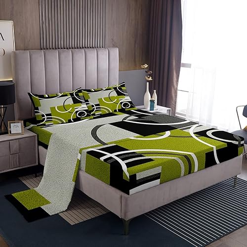 Vista 28 de Juego de sábanas modernas de tamaño Queen, color amarillo, gris y negro, juego de sábanas geométricas a rayas para niños, niñas, niños y Multi 039