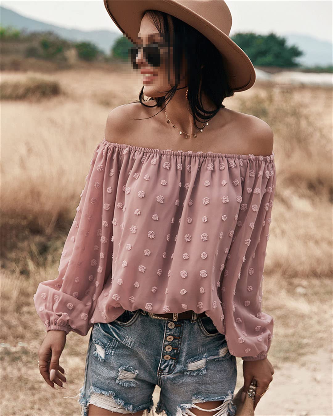 Camicette da Donna in Chiffon con Spalle Scoperte Camicetta a Pois svizzeri a Maniche Lunghe Camicette Casual Larghe con Maniche a Campana