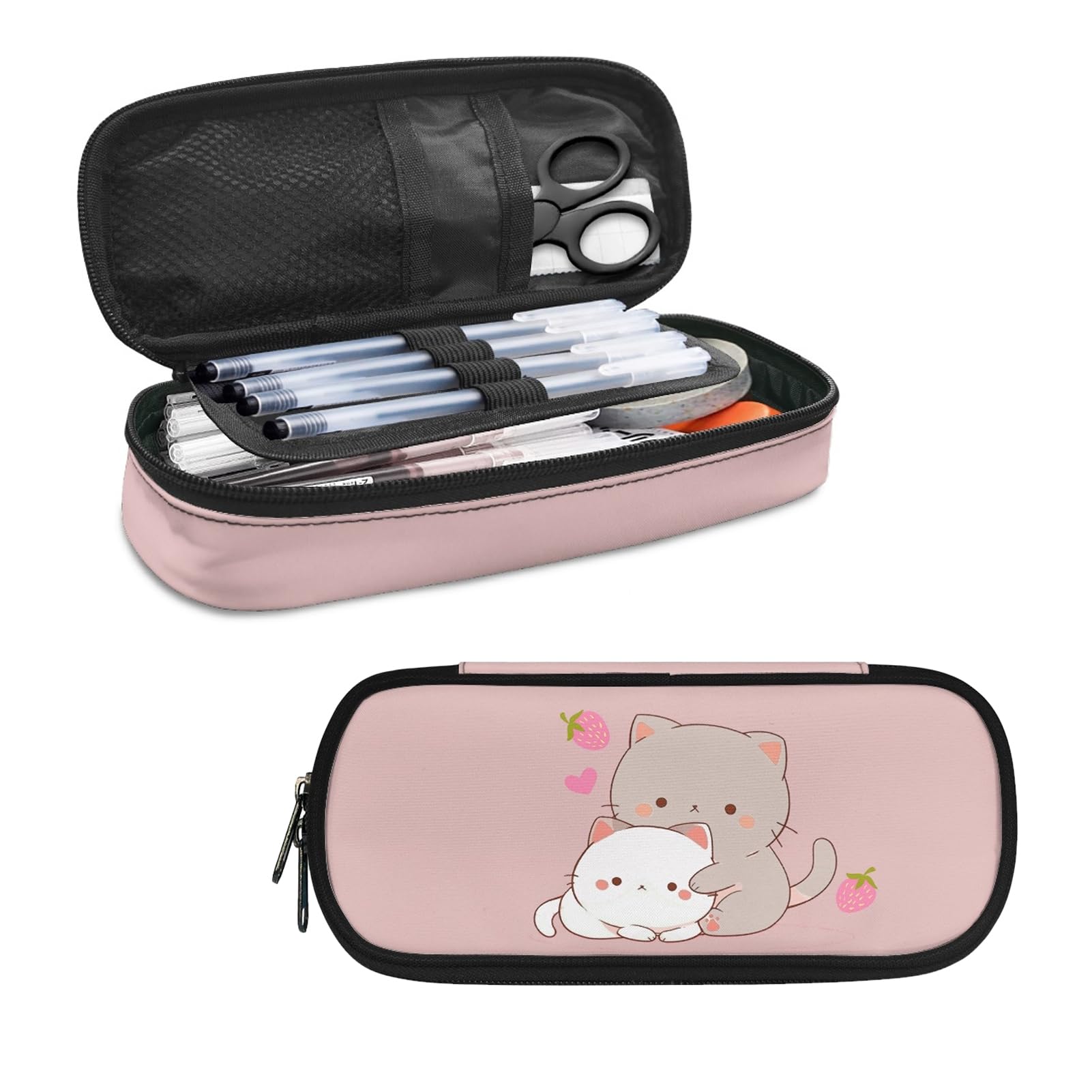 HELLHERO Kawaii Strawberry Cat Pencil Case Pencil Pouch Sturdy Pen Bag Portable Pens Holder Stationery Pouch for Girls Kids Teen School Office