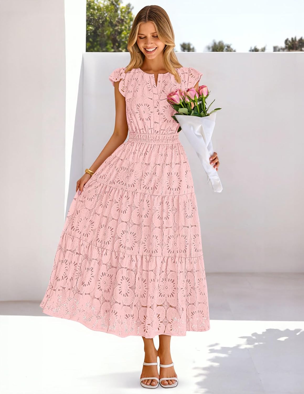 MEROKEETY Women's Summer Lace Eyelet Maxi Dress 2026 Spring Casual Boho Flutter Sleeve Tiered Flowy Beach Vacation Dresses - Image 3