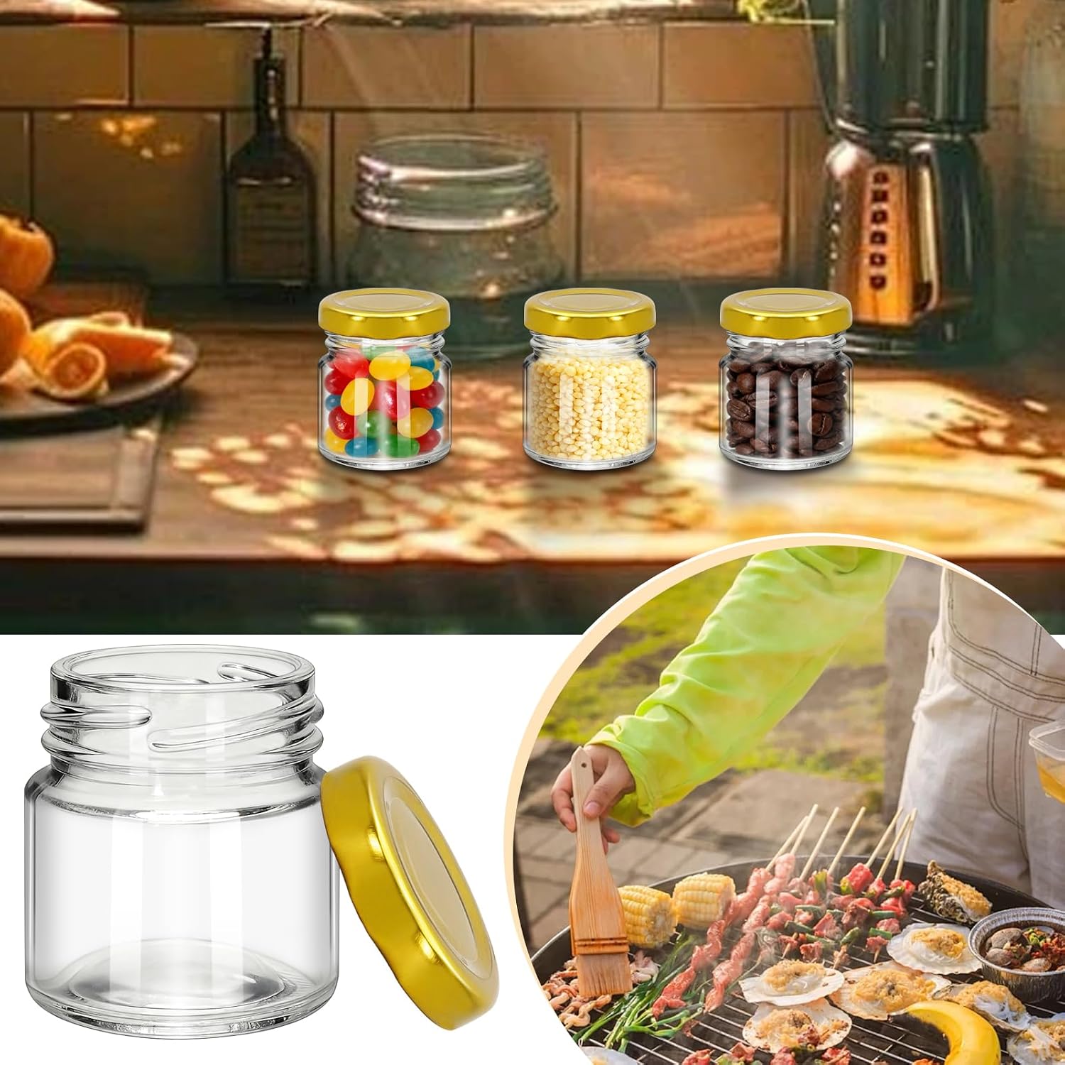 6Pcs 2oz/60ml Mini Glass Honey Jars – Round Clear Favors Jars with Airtight Metal Lids, Small Honey Pots for Wedding Favor, Baby Shower, Jam, Spices, DIY Gifts, Samples (6, Gold lid, 2oz) image 4