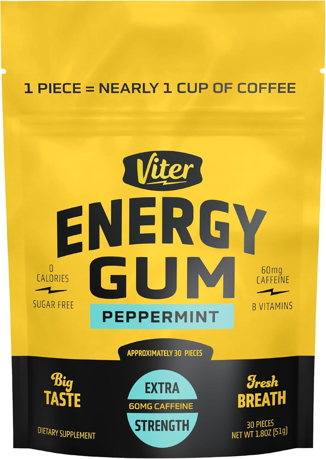 Viter Energy 60mg Caffeine Gum (Peppermint Flavor, 30 Pieces) – Sugar Free, Vitamin B3, B6, B9, B12, Zero Calories, Caffeinated Energy Chews, Nootropic Focus Supplement for Men & Women