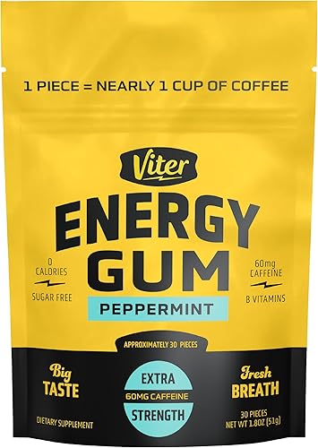 Viter Energy goma de mascar con 60mg de cafeína (sabor a menta, 30 piezas) - sin azúcar, vitamina B3, B6, B9, B12, cero calorías, gomitas