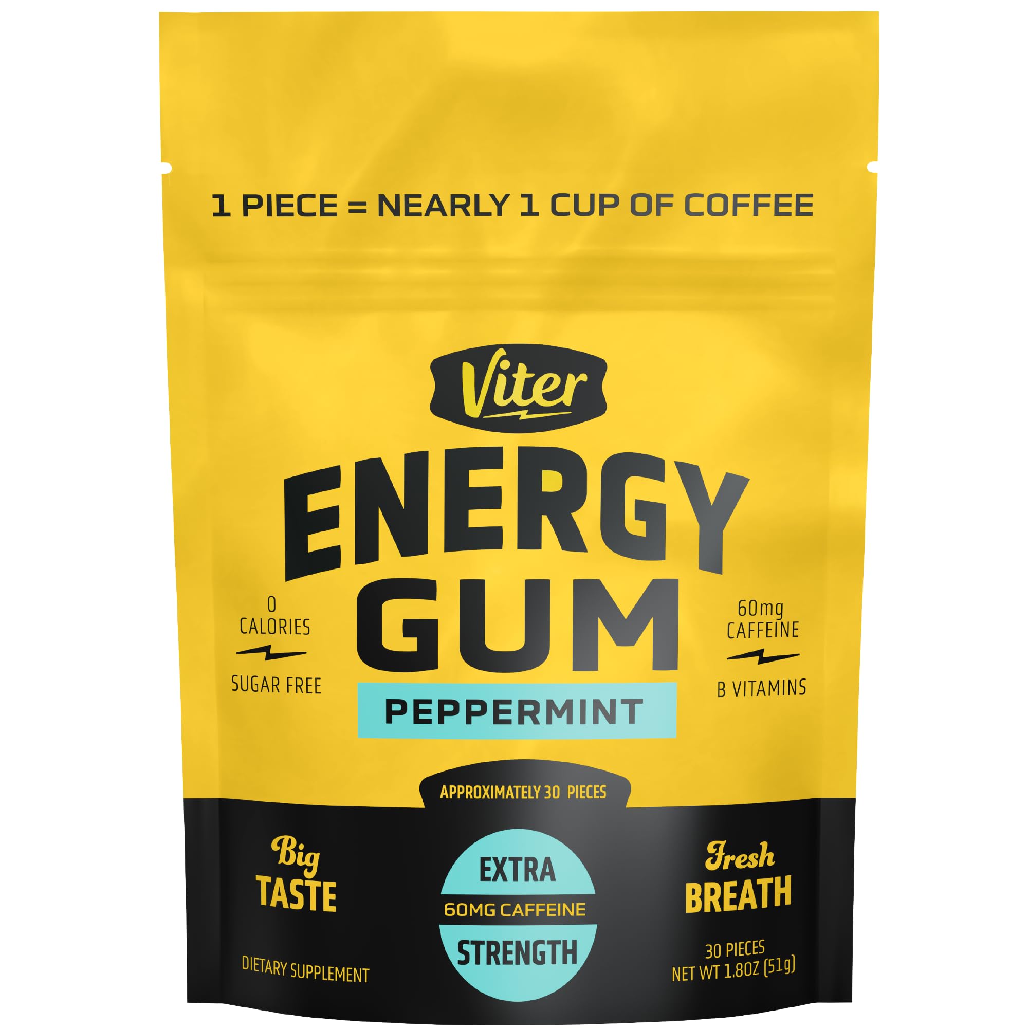 Viter Energy Goma de cafeína 60 mg, sabor hortelã-pimenta, 30 unidades