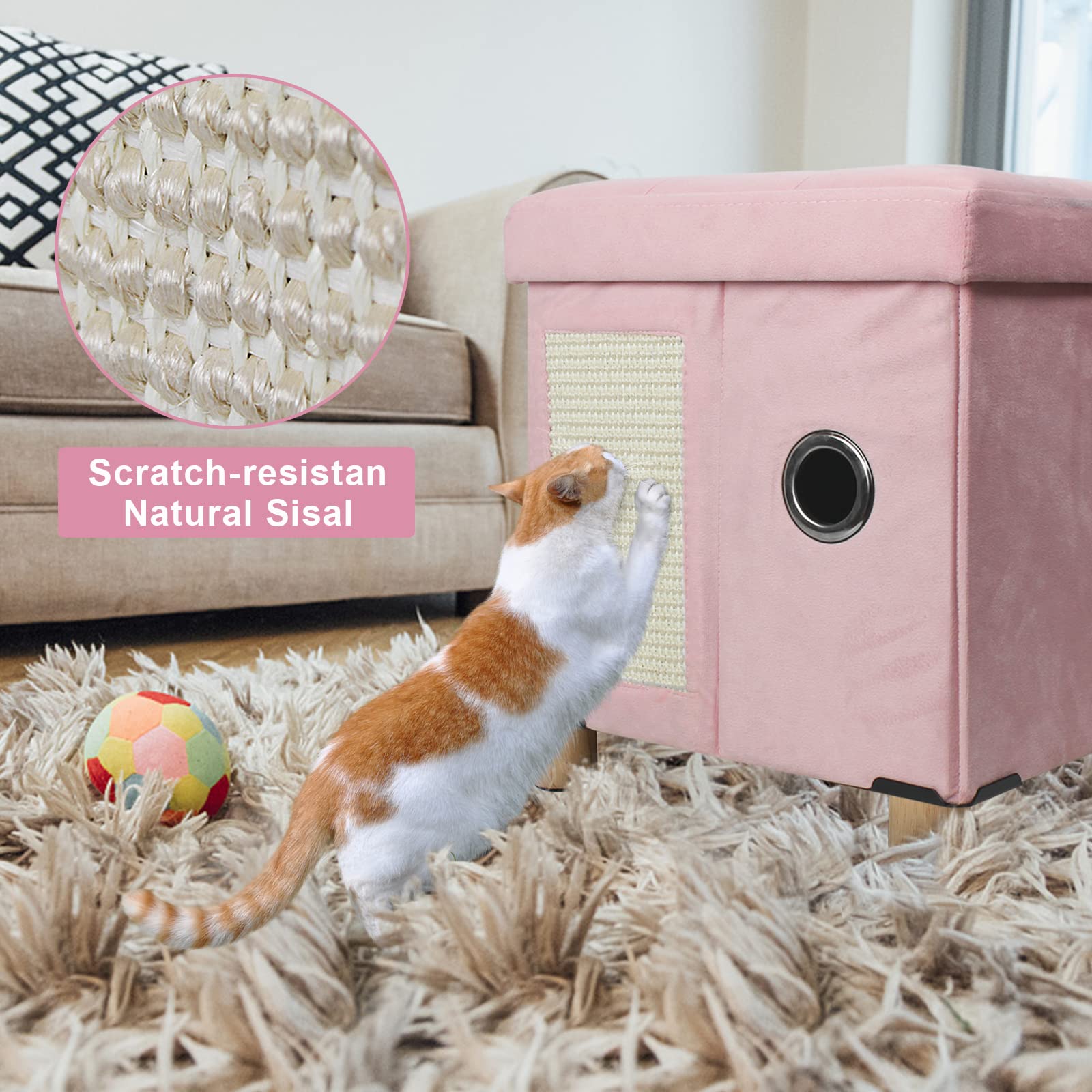 BRIAN & DANY Pieghevole Cuccia Gatto, Casetta Grande per Gatti con Tiragraffi e Pallina da GiocoGrigio, 37,5×32,5×36cm, Rosa