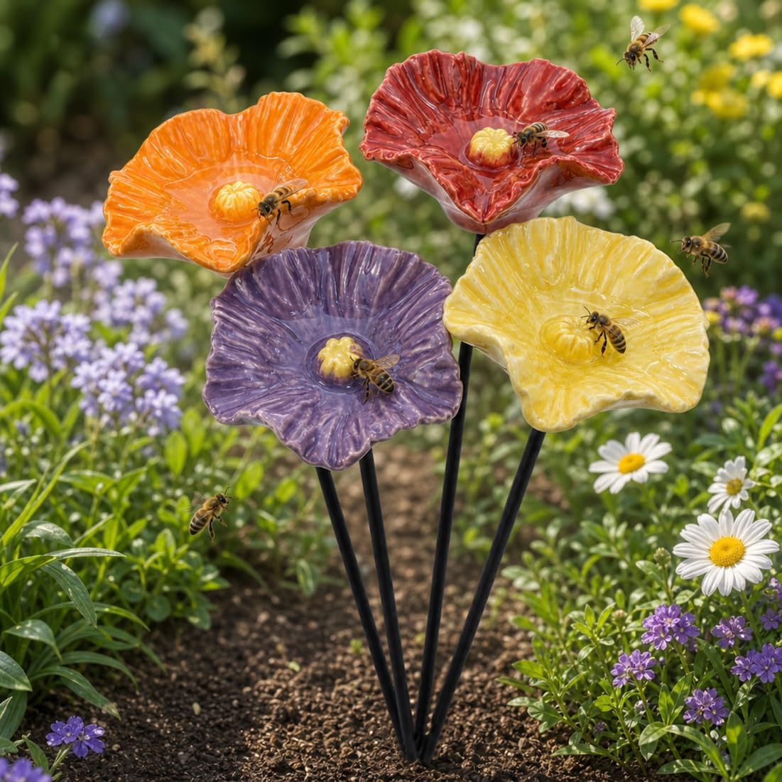Handgefertigte Bienenblüten Keramik,4er/8er Set Bienentränke für den Garten,Wetterfeste Keramikblumen Gartenstecker für Bienen & Insekten,Farbige Wasserschale für Balkon & Beet,4pcs