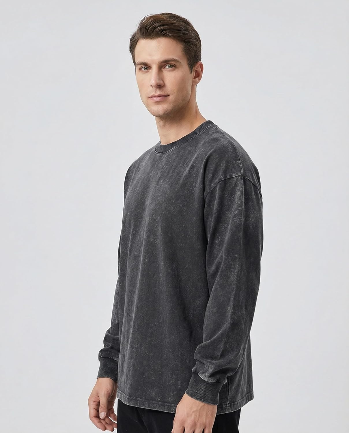 Men's Oversized Cotton T-Shirts Heavy Weight Crew Neck Vintage Wash Tee Long Sleeve Casual Gym Workout Tops - Image 2