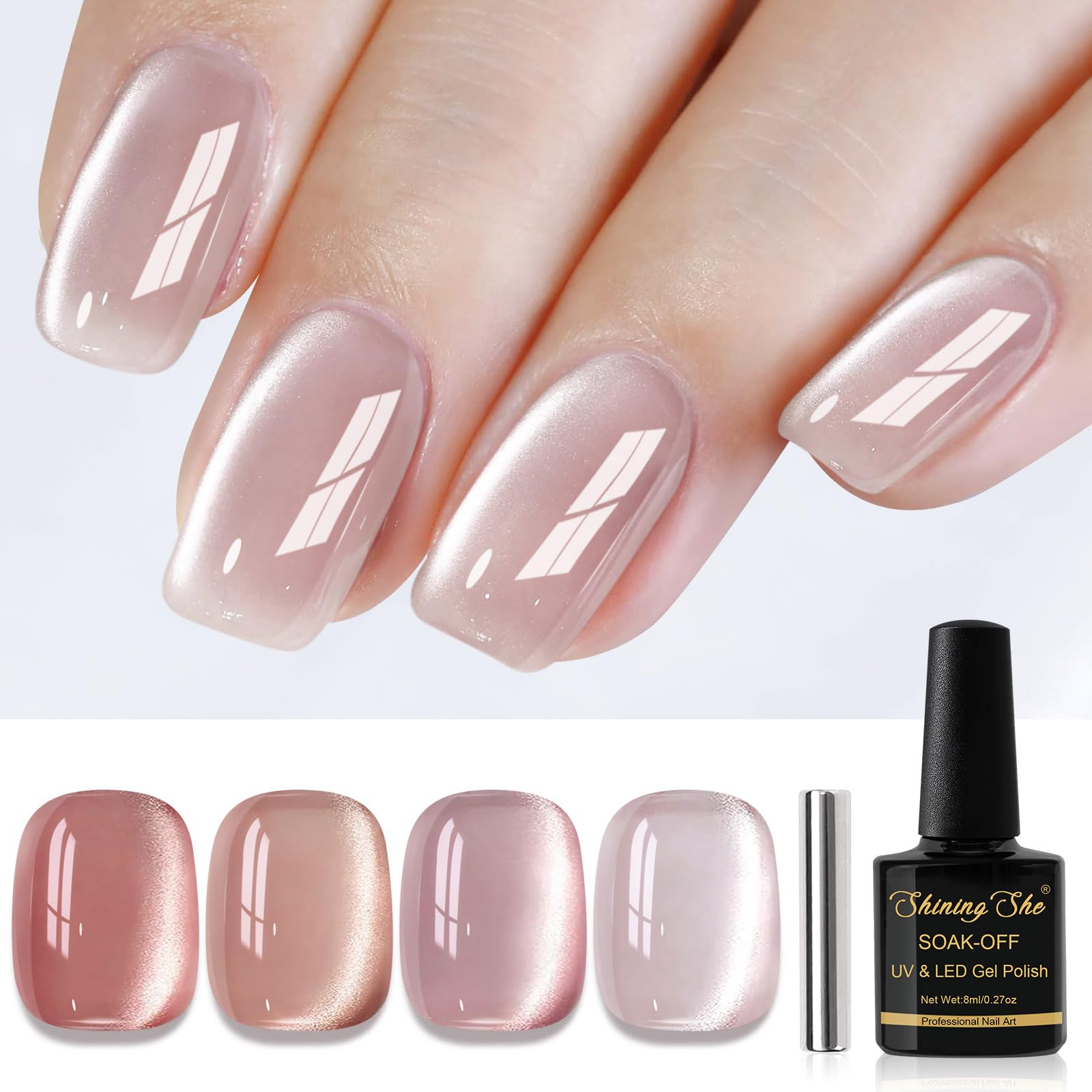 Shining She UV Nagellack Jelly Magnet CatEye,4 Farben Klassischer Kristalle Cat Eye Nude Rosa UV Gel Nagellack Soak-Off Uv nagellack Set für Nagelkunst French Maniküre Salon,8ML