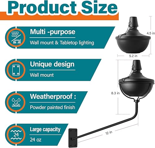Miniatura 2 de Juego de 6 antorchas de citronela montadas en la pared, antorchas de jardín de 24 onzas para exteriores, linterna de luz de llama recargable,