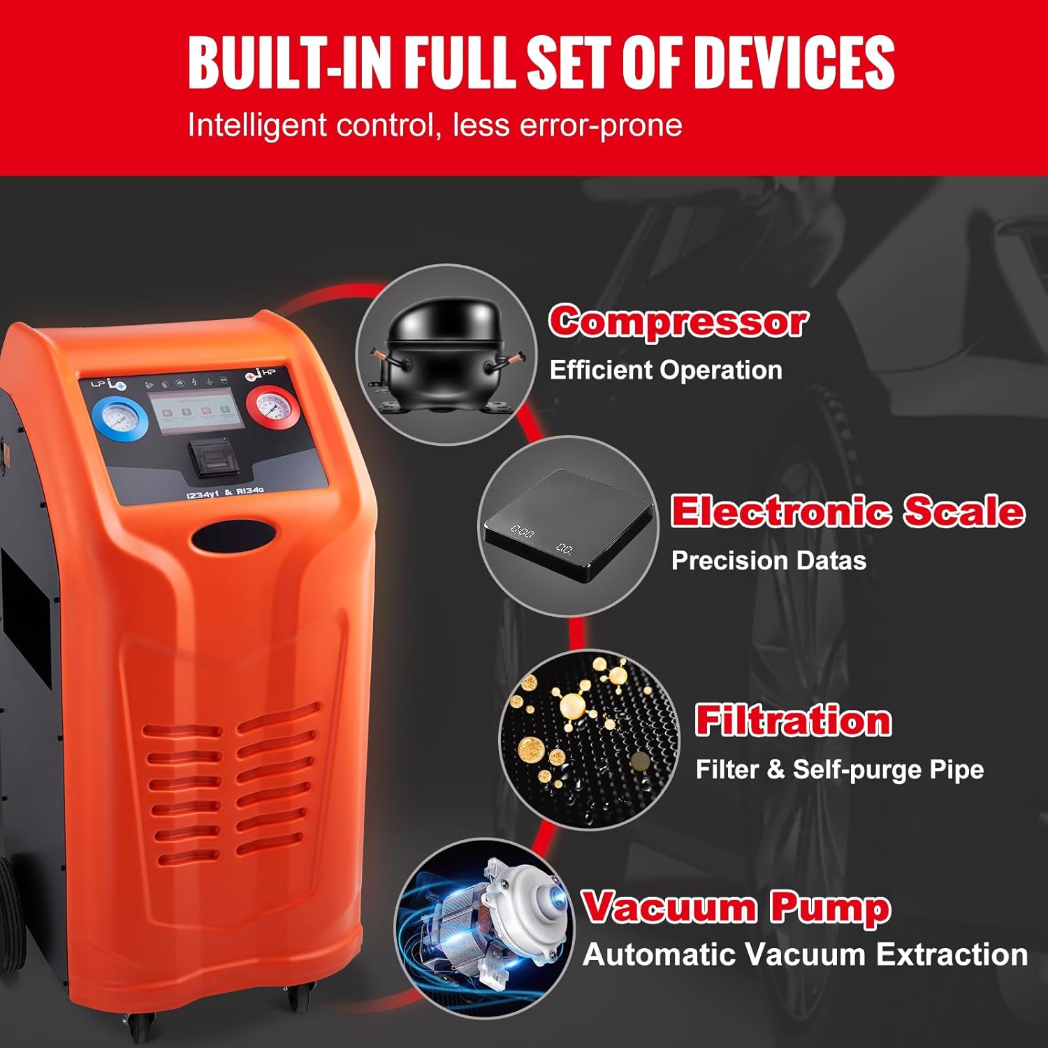 Happybuy Fully Automatic Refrigerant Recovery Machine for R134A+R1234YF – Dual Cylinder AC Recovery Kit with Electronic Scale, Compressor, Recovery Tank, HVAC Tool