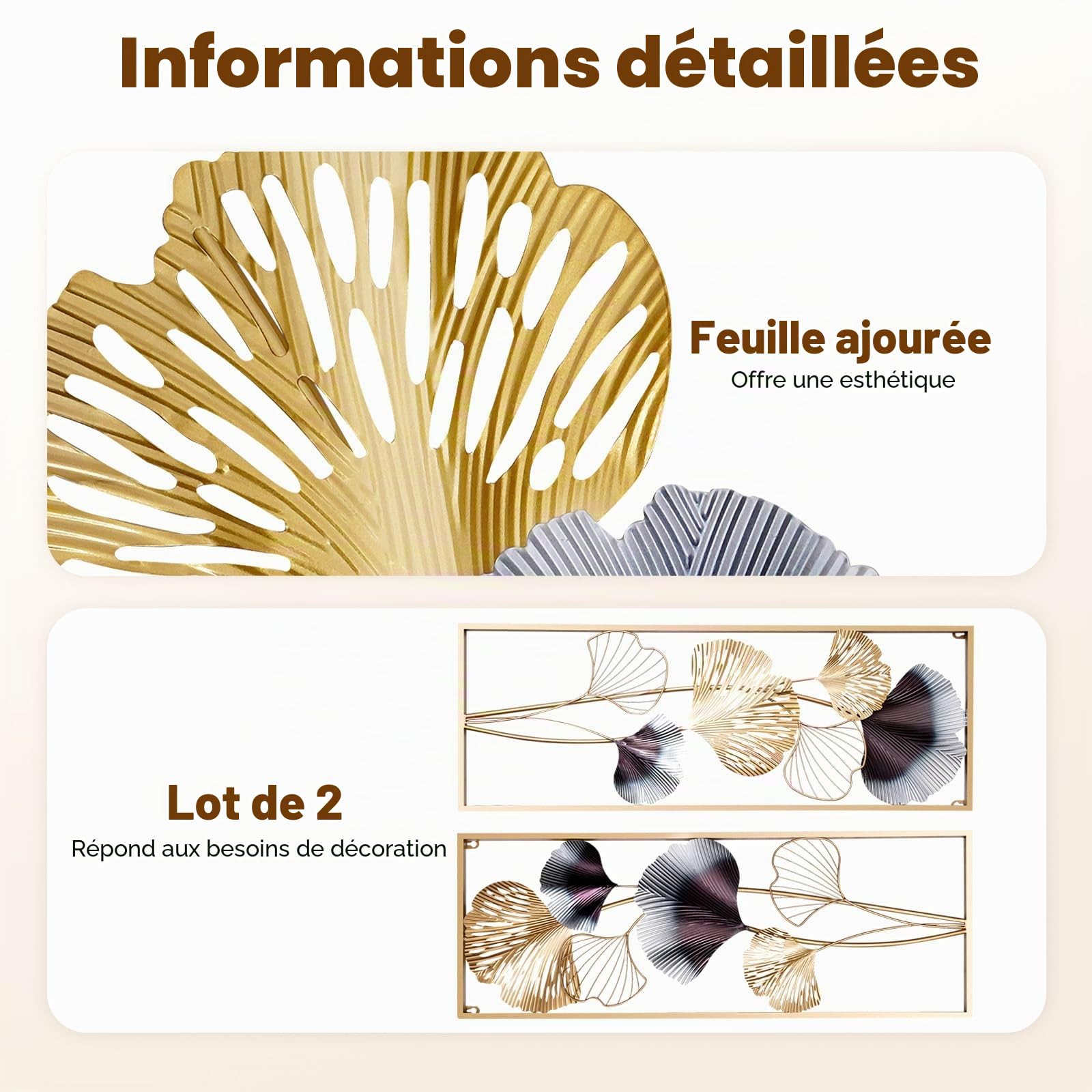 Biggittig Lot de 2 décorations murales 3D en métal - Motif feuilles de ginkgo - Pour la maison, la chambre à coucher, le bureau, etc - Doré - 85 x 31 x 5 cm