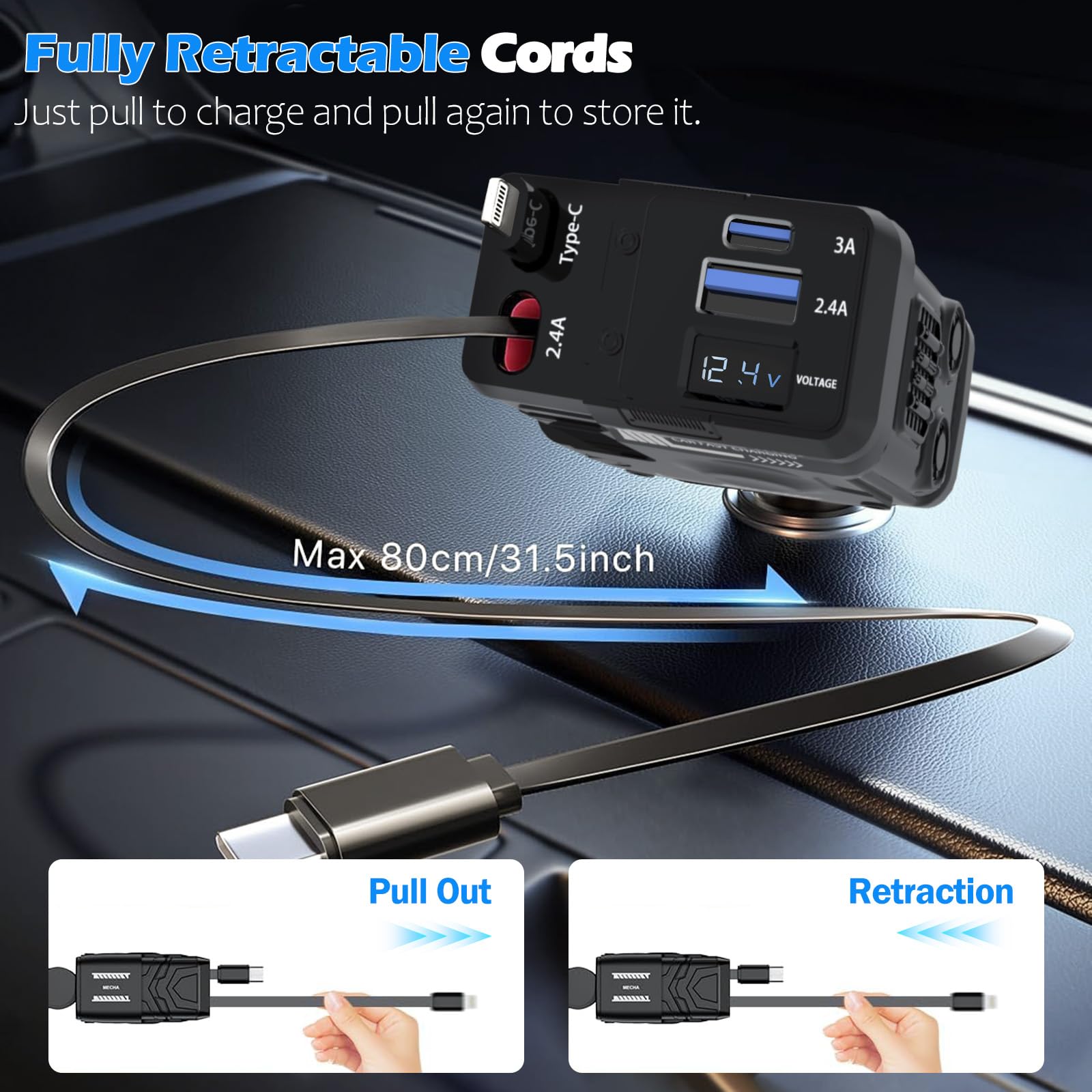 Retrattile Caricabatterie Auto, 4 in 1 Caricatore Auto Ricarica Veloce con 2 Cavi Retrattili e 2 Porte, Auto Accendisigari Compatibile con iPhone/Galaxy/Pixel, con Martello di Sicurezzar Auto (Nero)