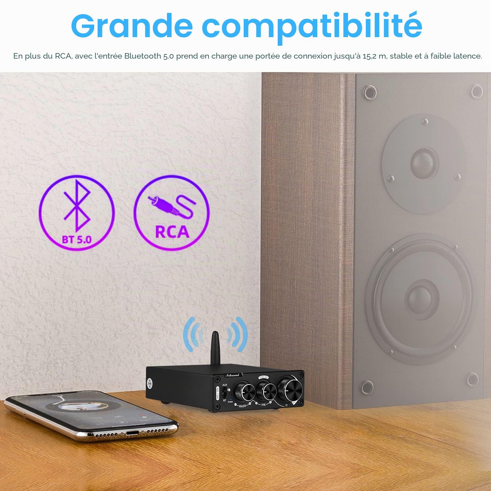 Nobsound Mini amplificateur numérique Bluetooth HiFi stéréo 200 W avec réglages des basses et des aigus pour haut-parleurs domestiques