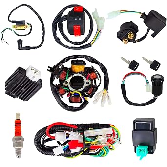 CDI Wiring Harness Spark Plug Kits, Wire Loom Magneto Coil, Complete Electrical Stator Coil, Handle Switch Replacement Parts, Fit for 50cc 70cc 110cc 125cc ATV Go Kart Quad 4 Wheeler Dirt Pit Bikes