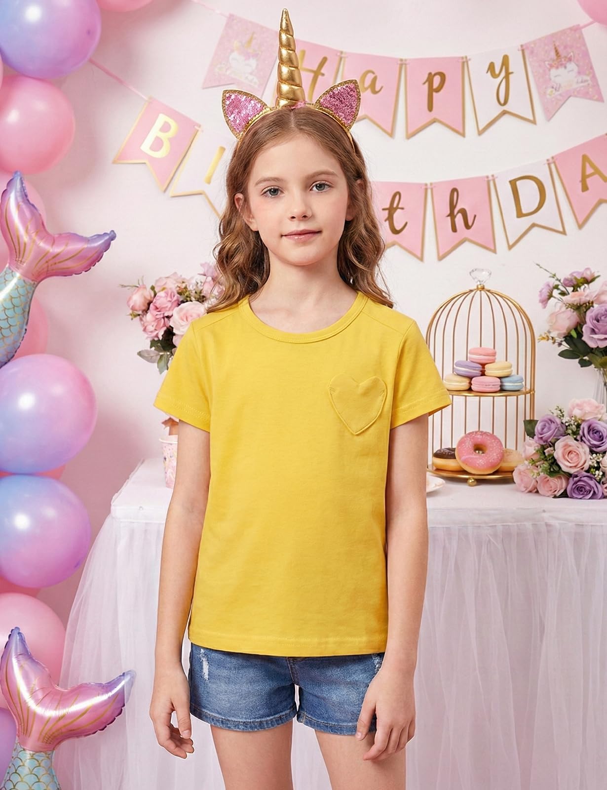 Spring&Gege T-shirt à manches courtes pour fille en coton col rond T-shirt de sport décontracté avec poche en forme de cœur pour l'été Couleur unie Hauts décontractés