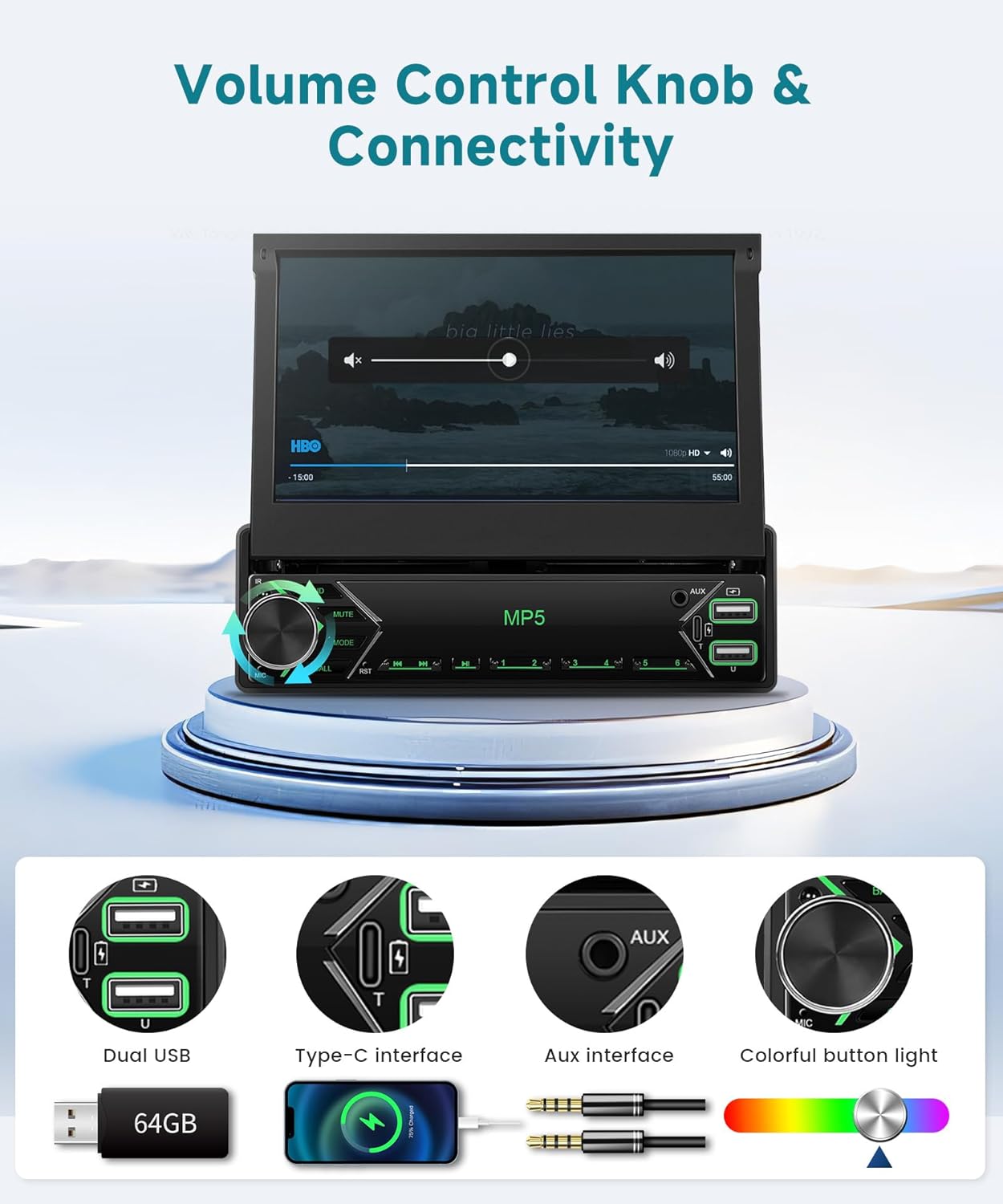 Image showing the FM Radio interface on the car stereo screen, displaying frequency and preset stations.