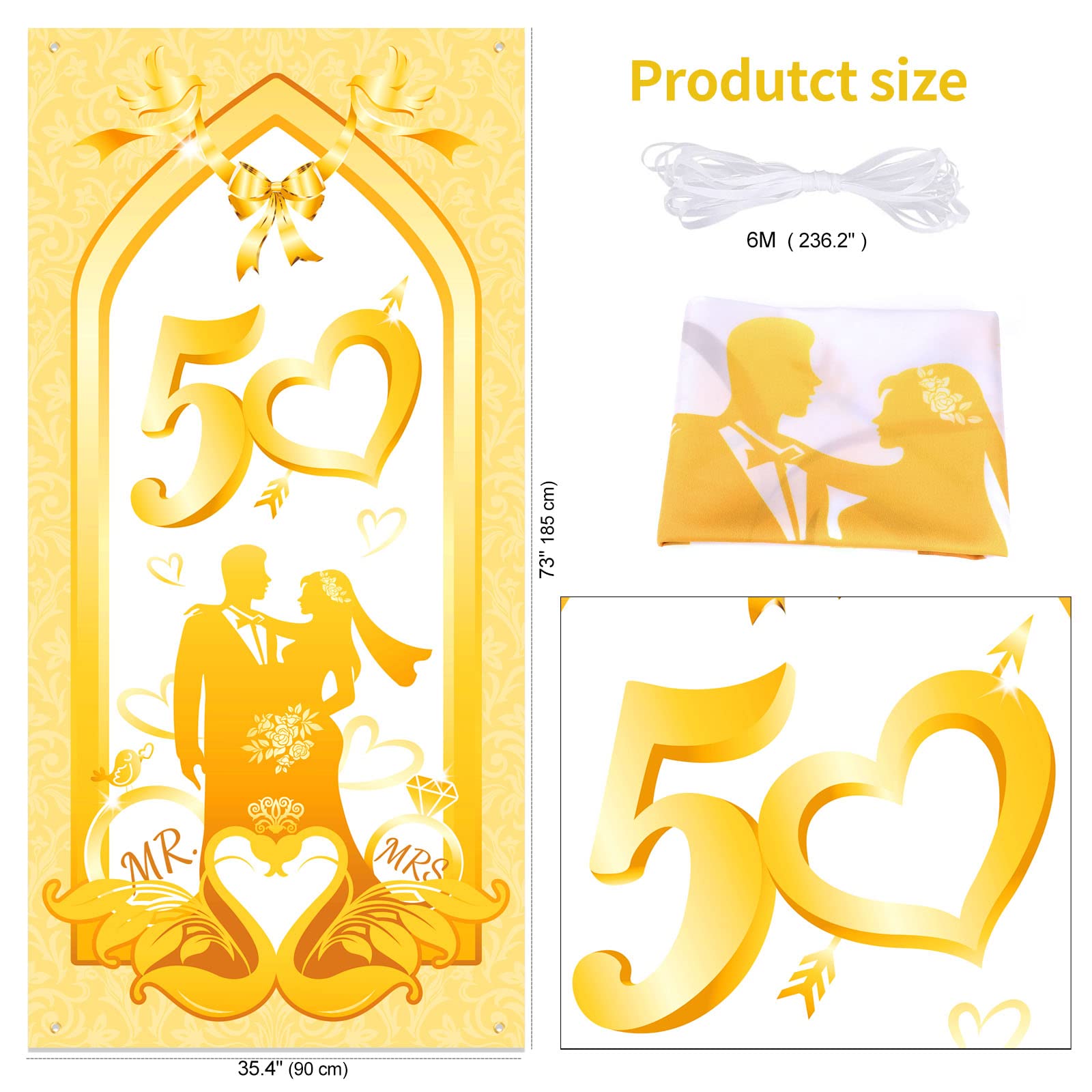 DPKOW 50th Golden Wedding Anniversary Banner Decoration, Fabric Banner for Golden Wedding Anniversary Door Wall Decoration - Image 2