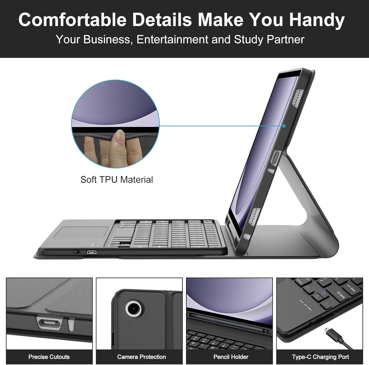 Keyboard Case for Galaxy Tab A9 Plus 5G 11 Inch 2023, Multi-Touch Trackpad, Detachable Bluetooth Keyboard, Auto Sleep/Wake, Long Battery Life, Smart Folio Cover with S Pen Holder for Tab A9+ 11" Black