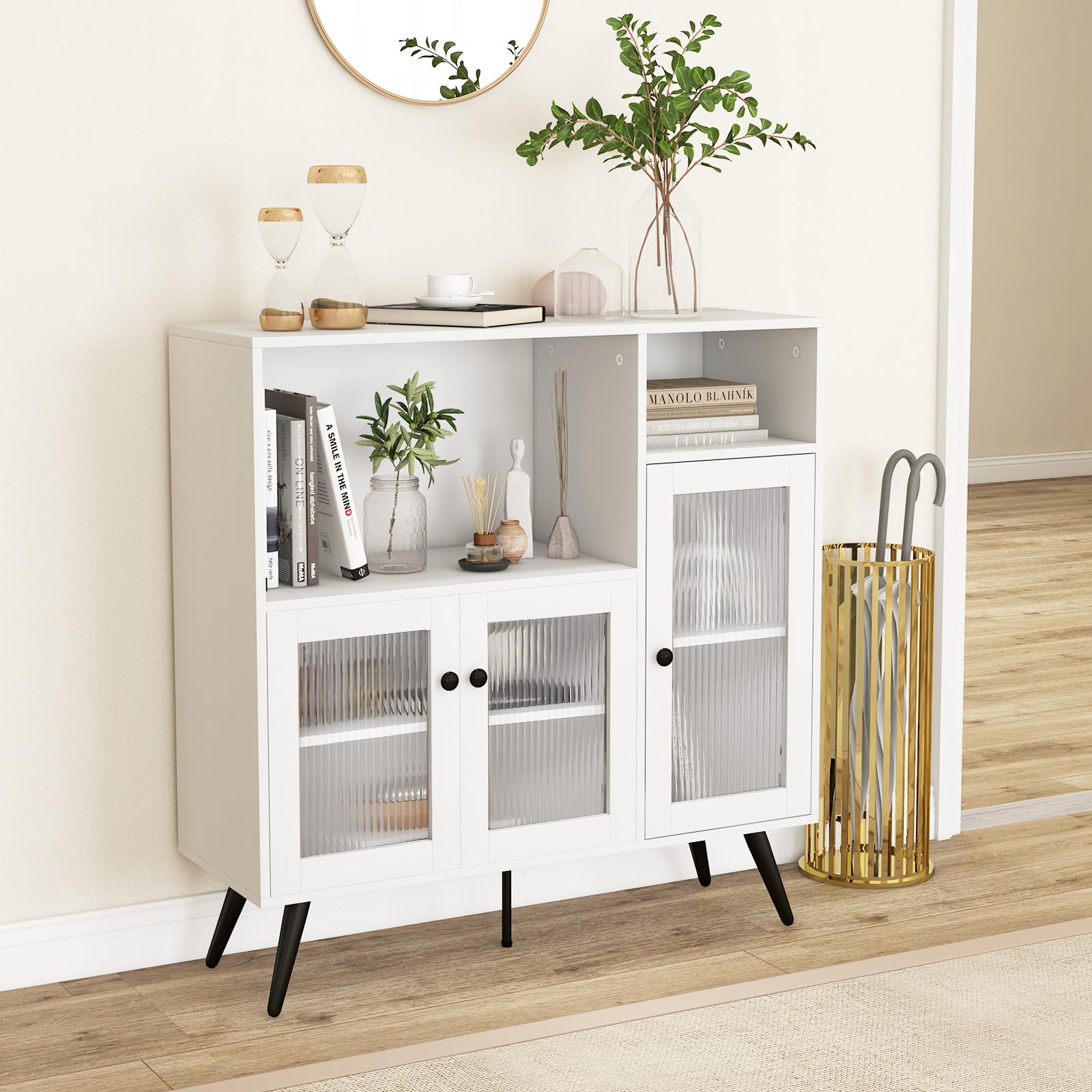 GIANTEX Keukenkast, buffetkast met glazen deuren, keukenbuffet, sideboard met verstelbare planken, opbergkast, commode van hout met 5 metalen poten, opbergkast 100 x 40 x 100 cm (wit