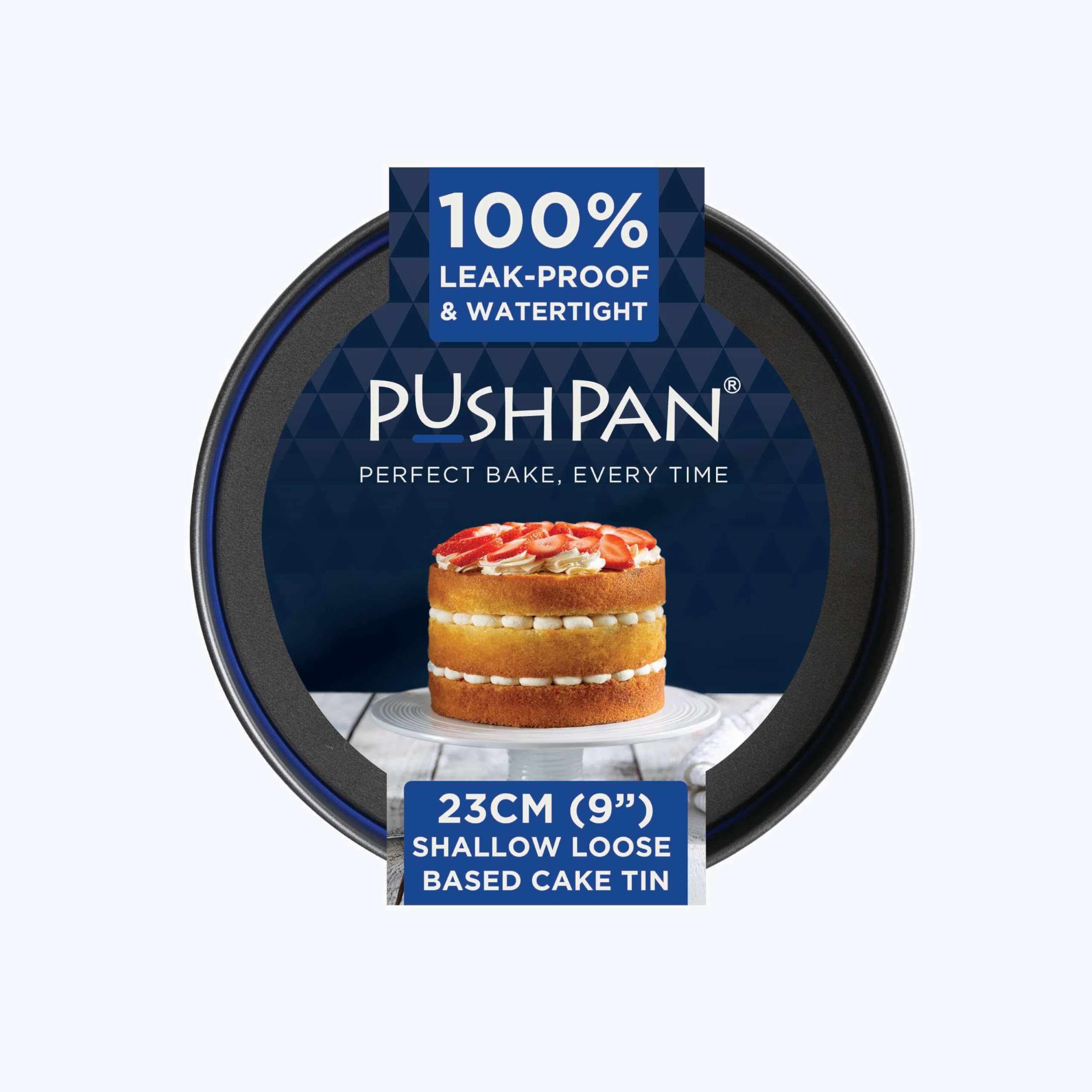 PushPan 9 Inch Shallow Cake Tins | Patented Silicone Seal | Leak-Proof & Watertight Round Baking Tins | Non-Stick Low Carbon Steel | 23cm Cake Tins | Dishwasher, Oven & Freezer Safe