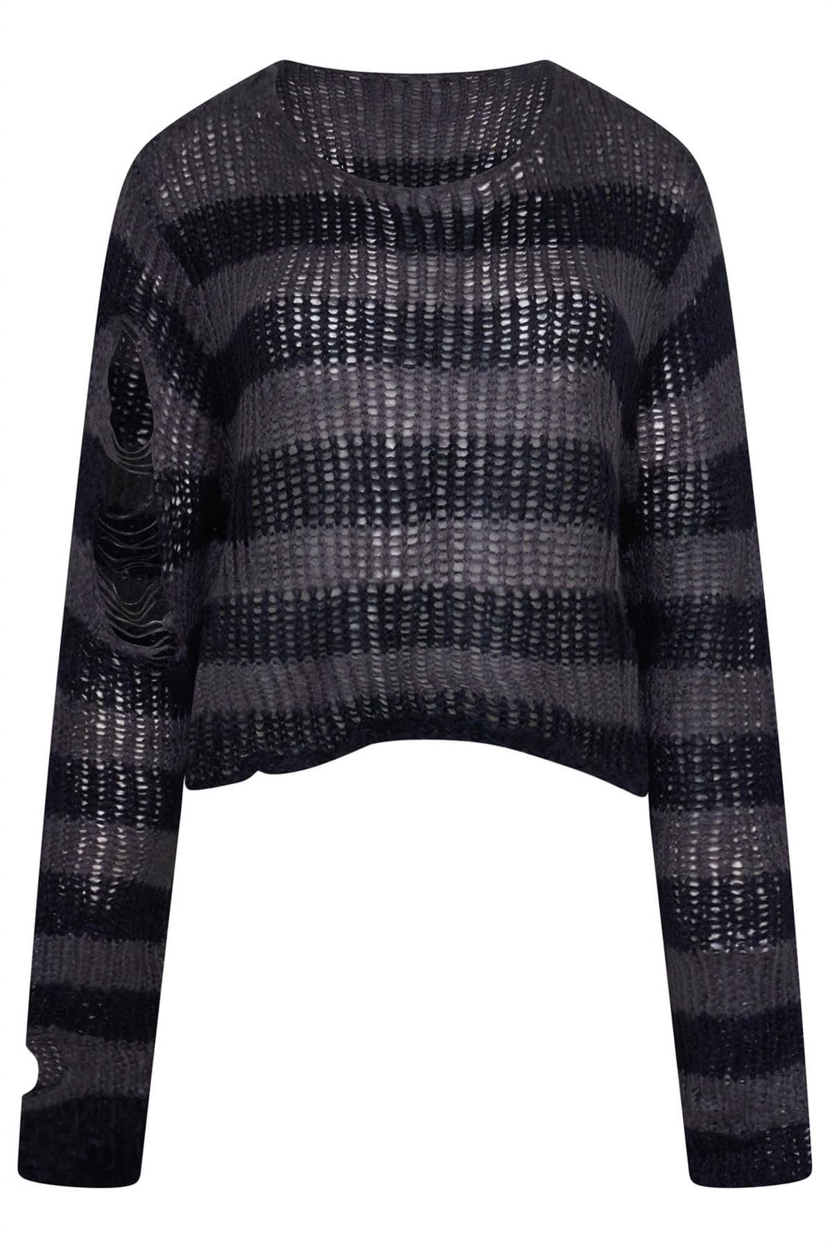 Ro Rox Ryette Cropped Striped Knit Jumper for Women – Distressed Oversized Grunge Gothic Sweater, Long Sleeve Alternative Punk Alt Top Black-Grey